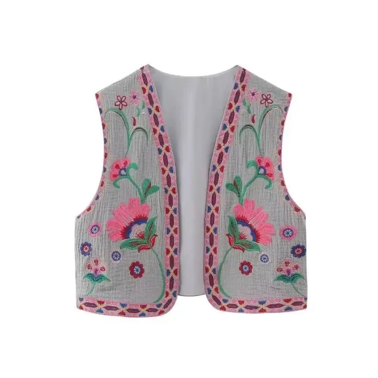 KEYANKETIAN Women Vintage Floral Embroidered Open WaistCoat Ladies National Style Vest Jacket Outfits Casual Vacation Crop Top