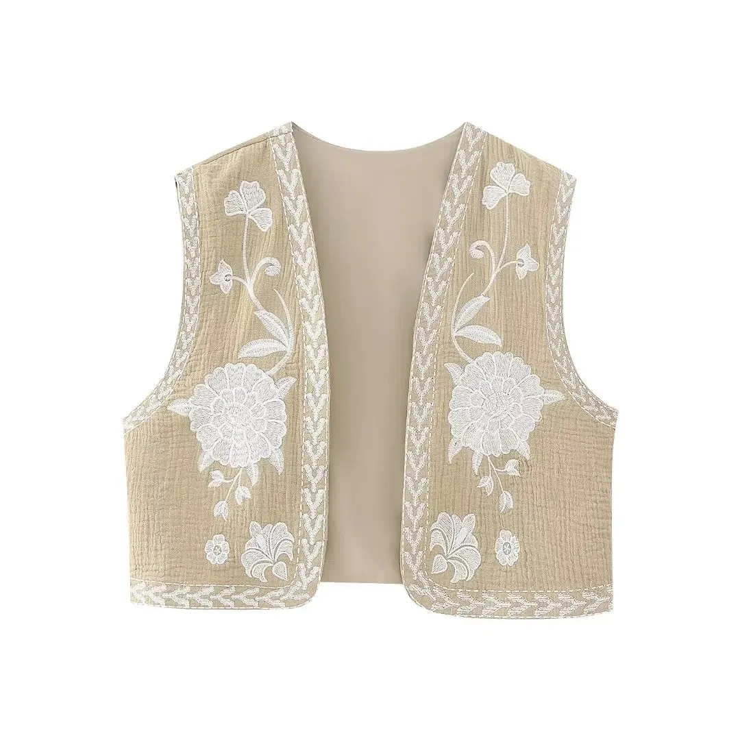 KEYANKETIAN Women Vintage Floral Embroidered Open WaistCoat Ladies National Style Vest Jacket Outfits Casual Vacation Crop Top