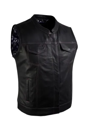 Ladies Motorcycle Leather CLUB VEST Premium Cowhide Leather Purple Thread, Purple Paisley Lining