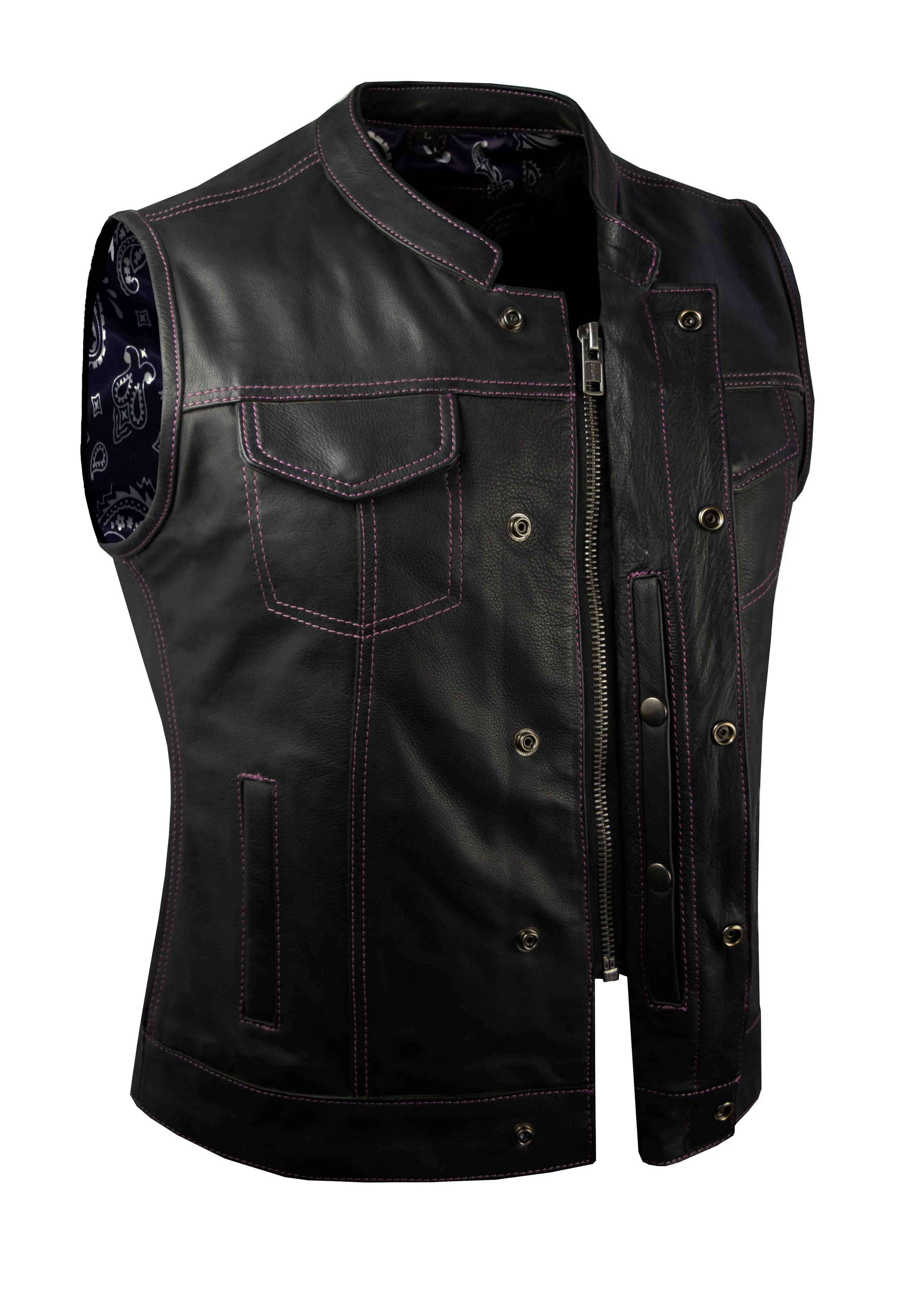 Ladies Motorcycle Leather CLUB VEST Premium Cowhide Leather Purple Thread, Purple Paisley Lining