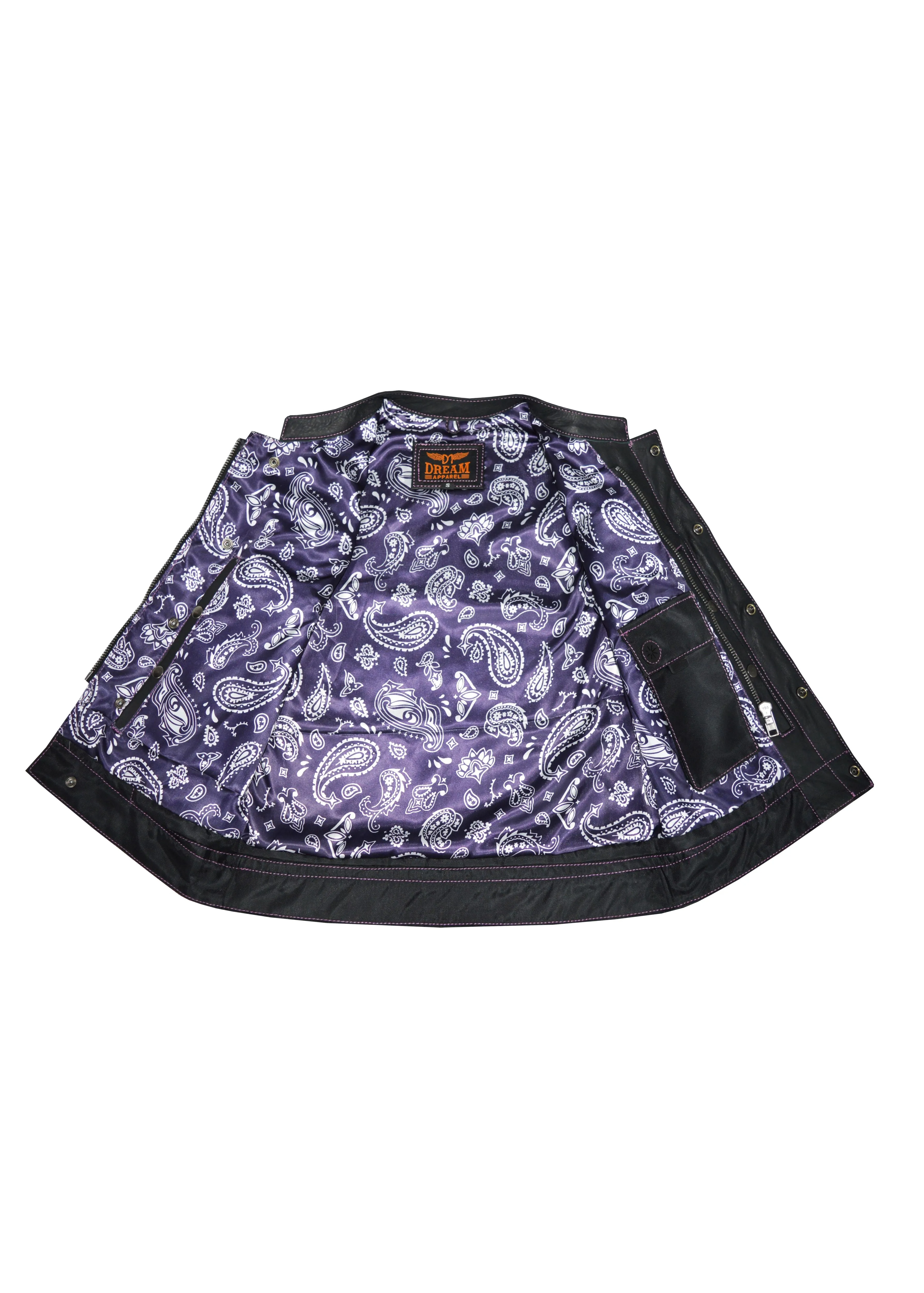 Ladies Motorcycle Leather CLUB VEST Premium Cowhide Leather Purple Thread, Purple Paisley Lining