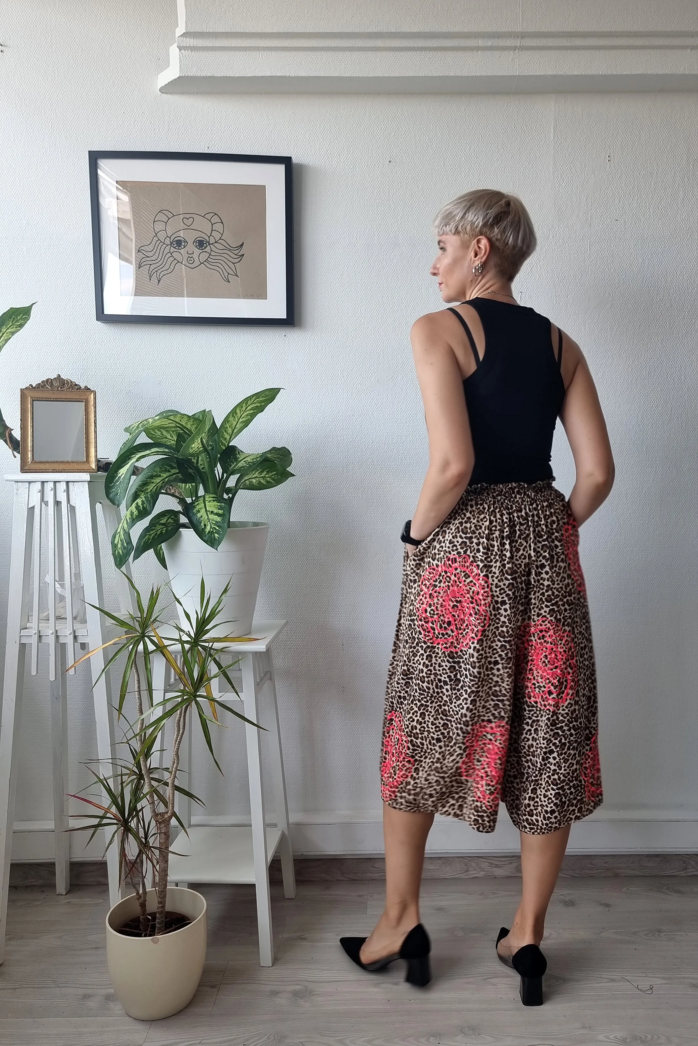 Leopard print Cotton and Viscose Summer Set Culottes  and Shirt with Handprinted Neon Pink Peonie Flower Pattern. Perfect for Active Beauty Loving Woman