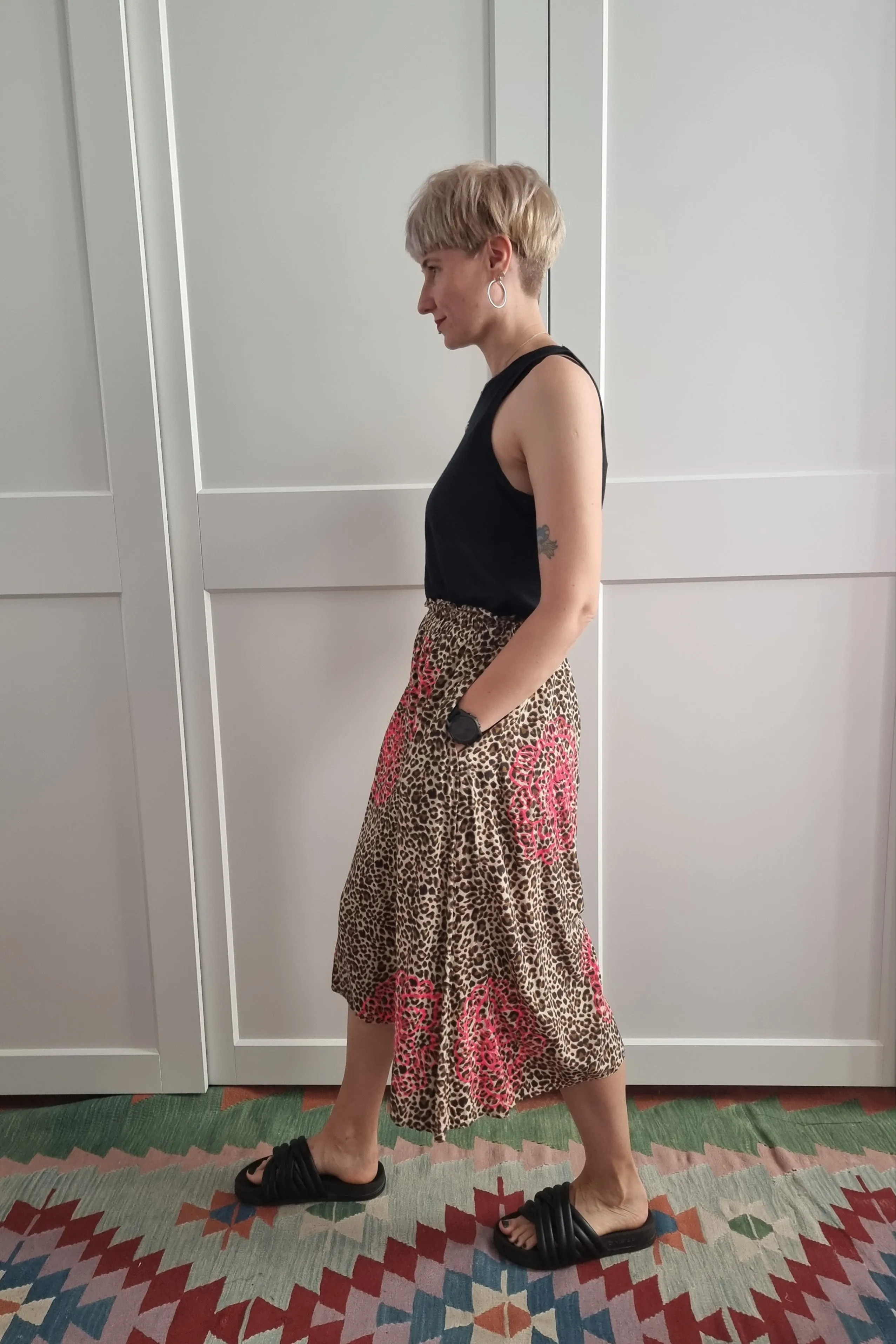 Leopard print Cotton and Viscose Summer Set Culottes  and Shirt with Handprinted Neon Pink Peonie Flower Pattern. Perfect for Active Beauty Loving Woman