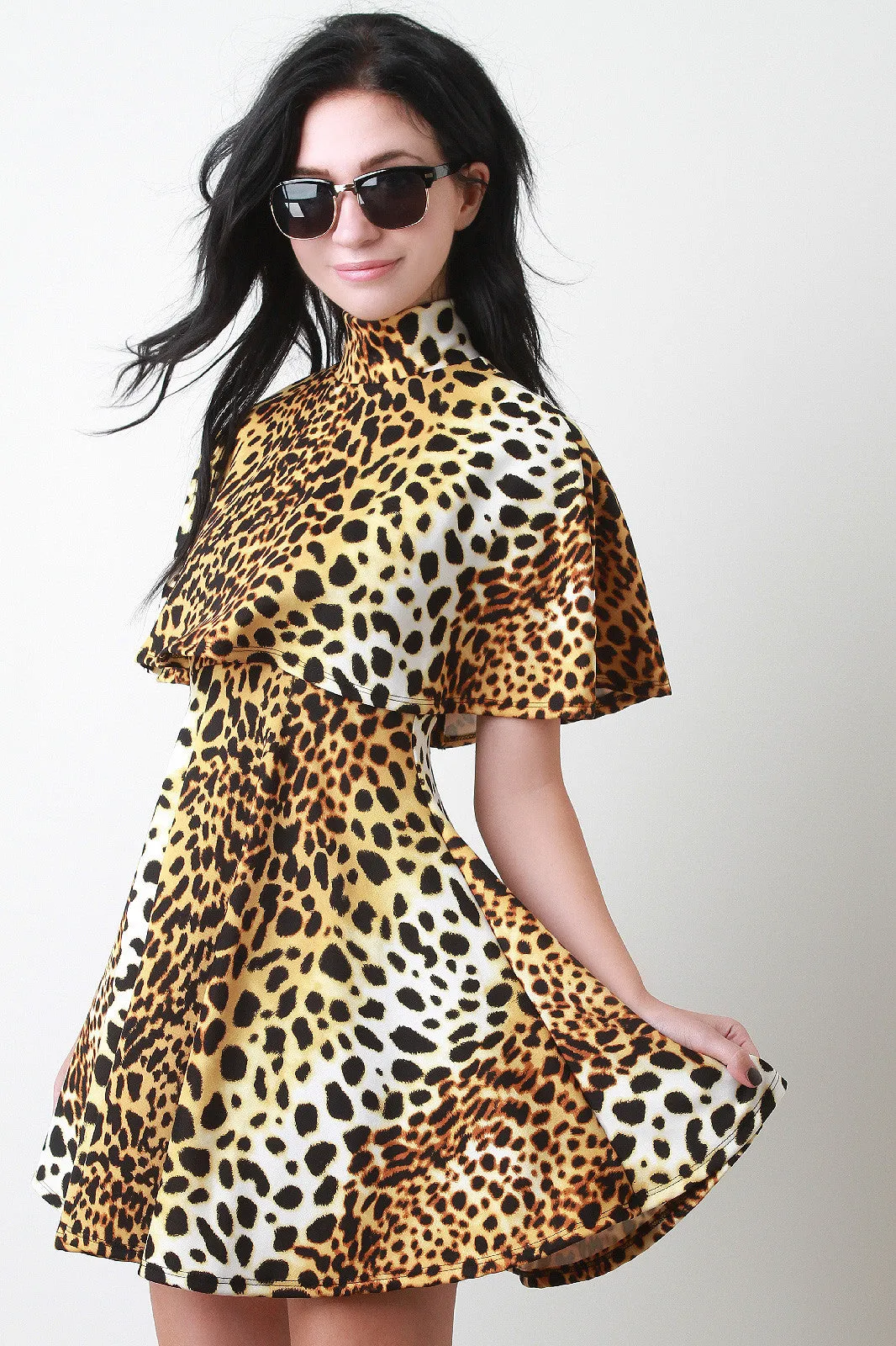 Leopard Sleevless Flare Cape Dress