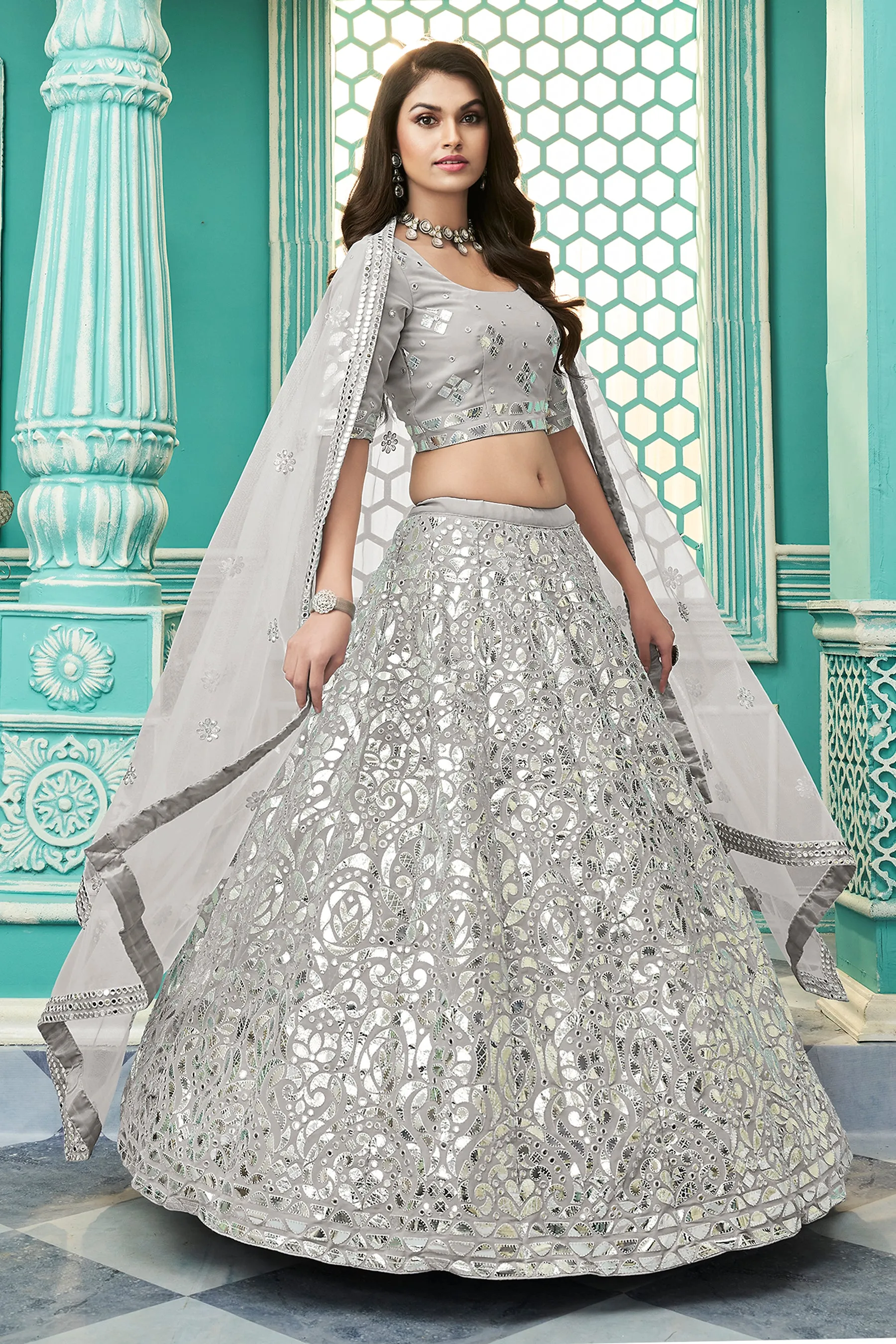 Light Grey Color Georgette Fabric Gota Work Lehenga Choli