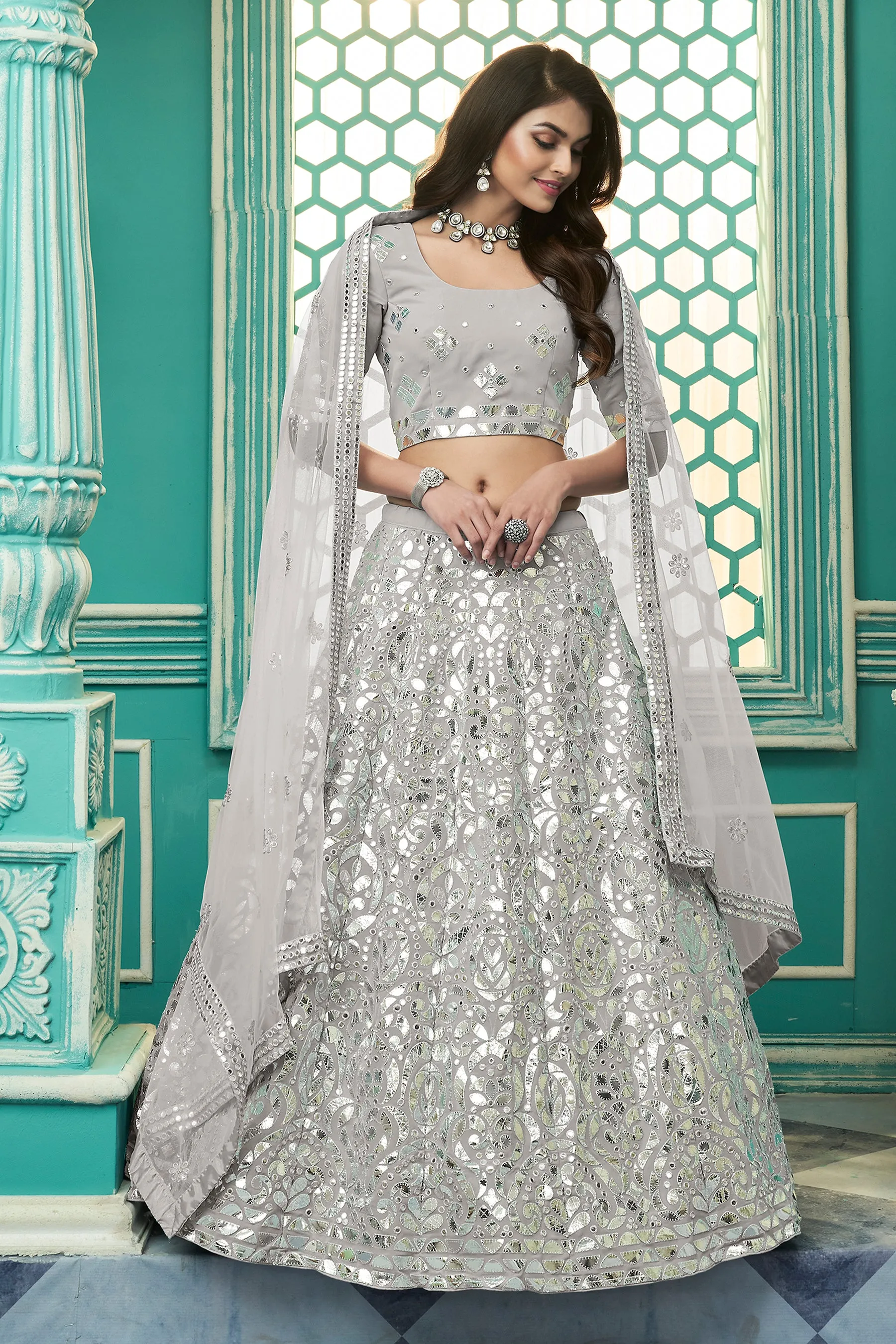 Light Grey Color Georgette Fabric Gota Work Lehenga Choli