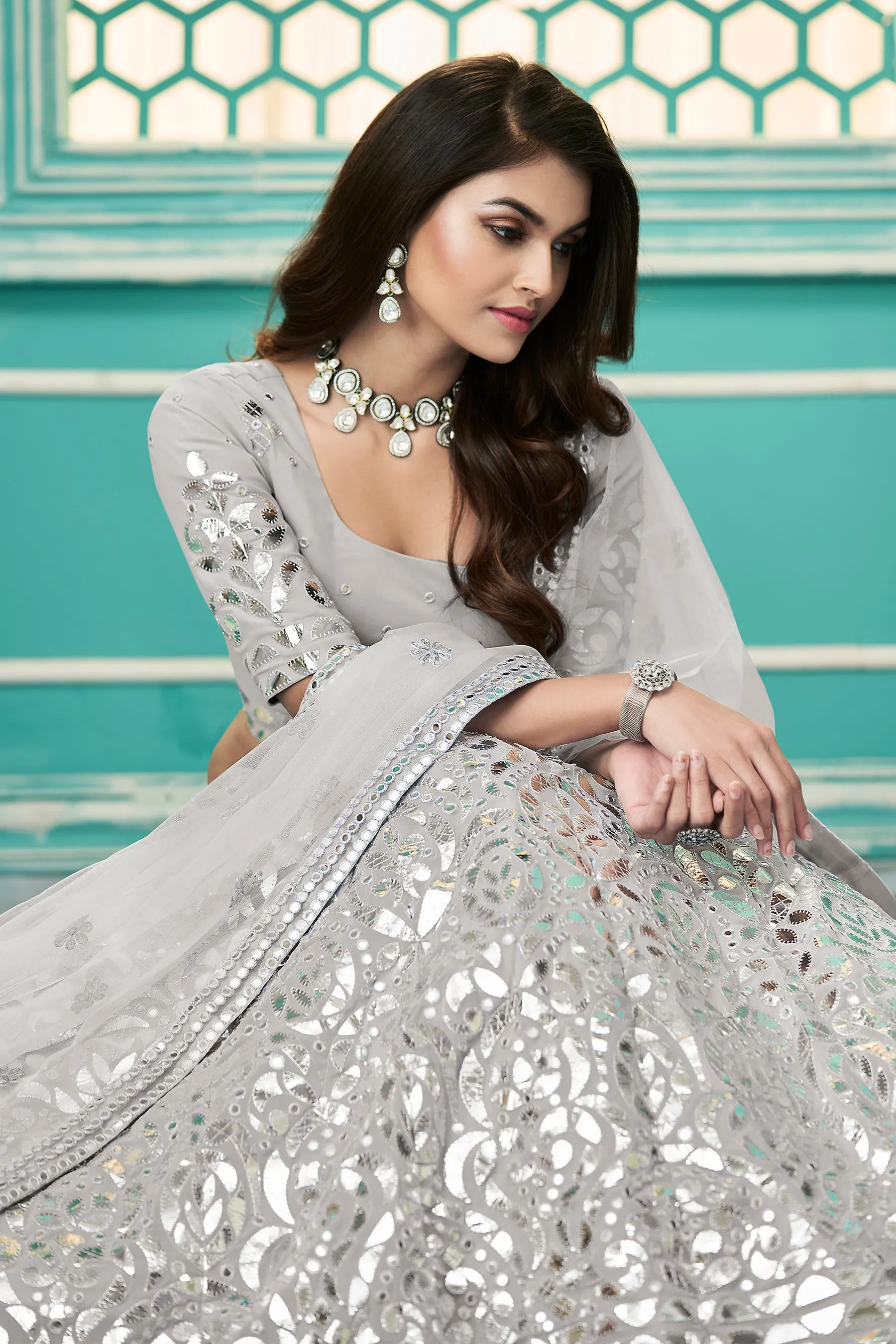 Light Grey Color Georgette Fabric Gota Work Lehenga Choli