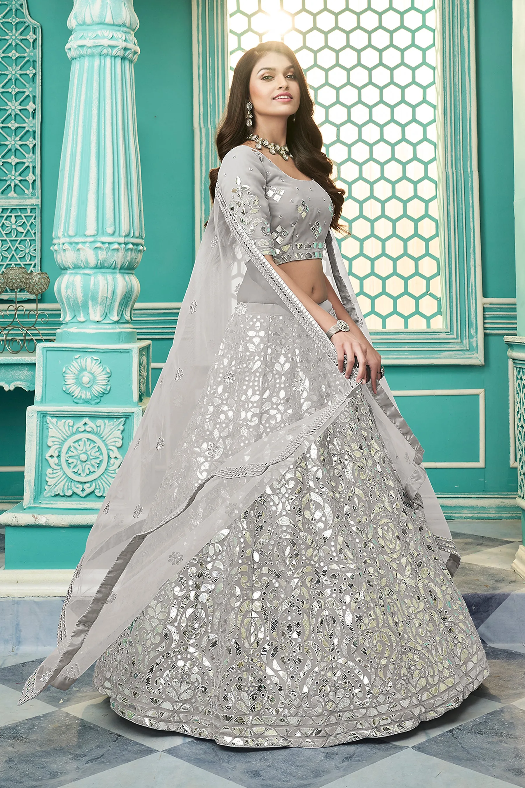 Light Grey Color Georgette Fabric Gota Work Lehenga Choli