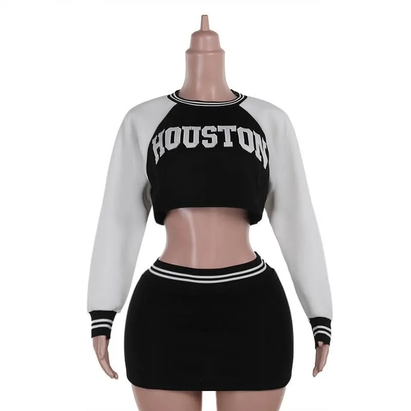 Long sleeve crewneck letter pattern crop mini skirt set