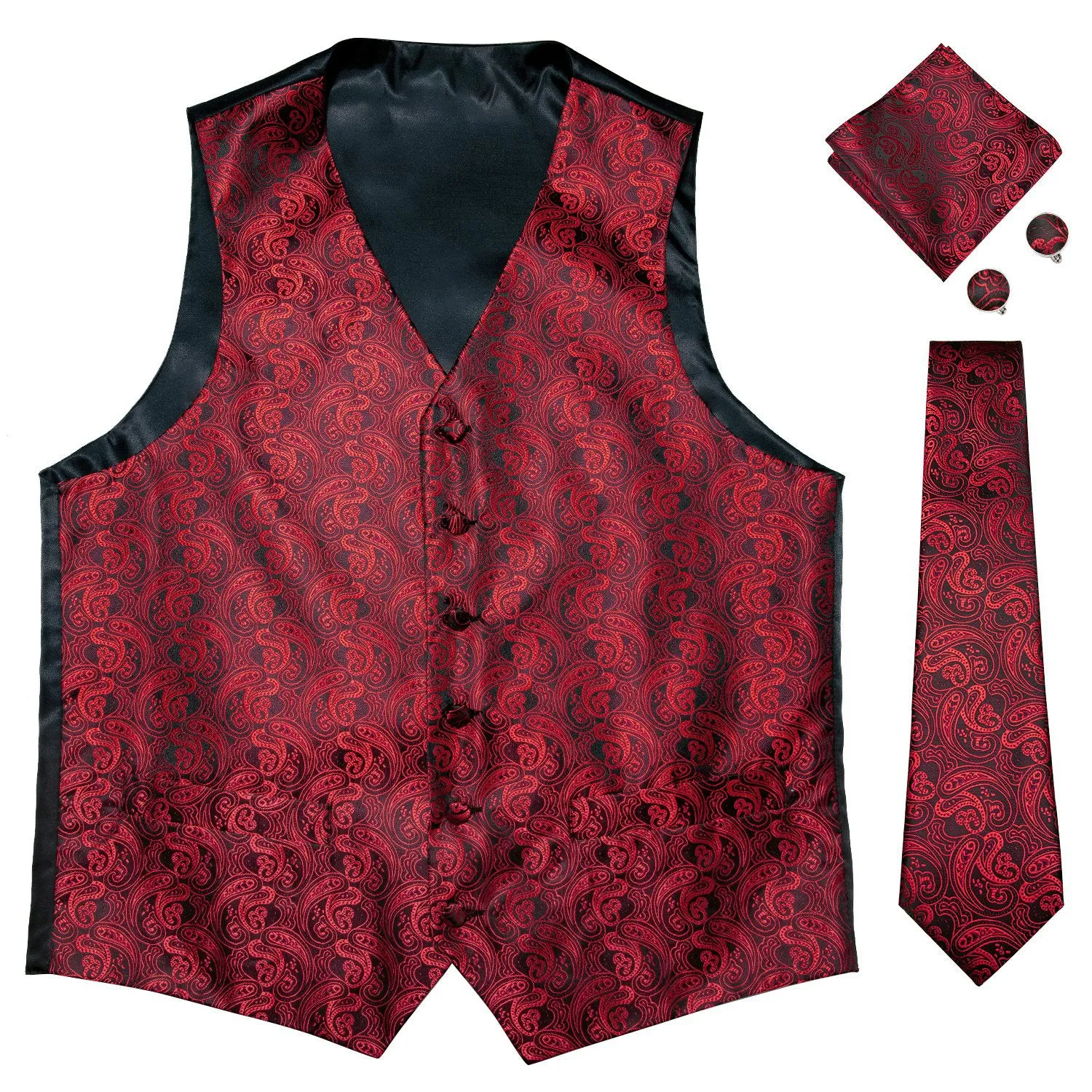 Luxury Black Red Paisley Jacquard Silk Men's Vest Hanky Cufflinks Tie Set Waistcoat Suit Set