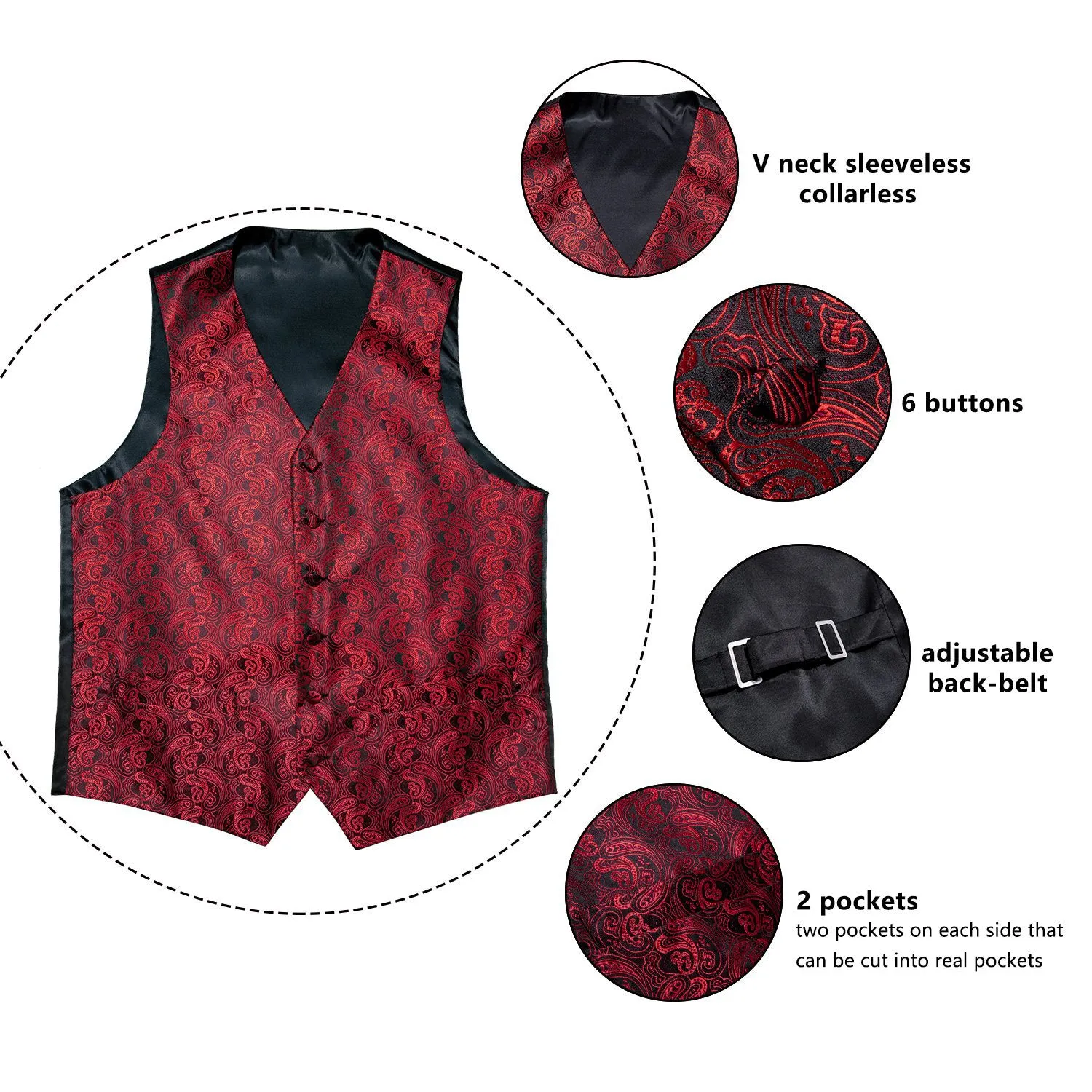 Luxury Black Red Paisley Jacquard Silk Men's Vest Hanky Cufflinks Tie Set Waistcoat Suit Set