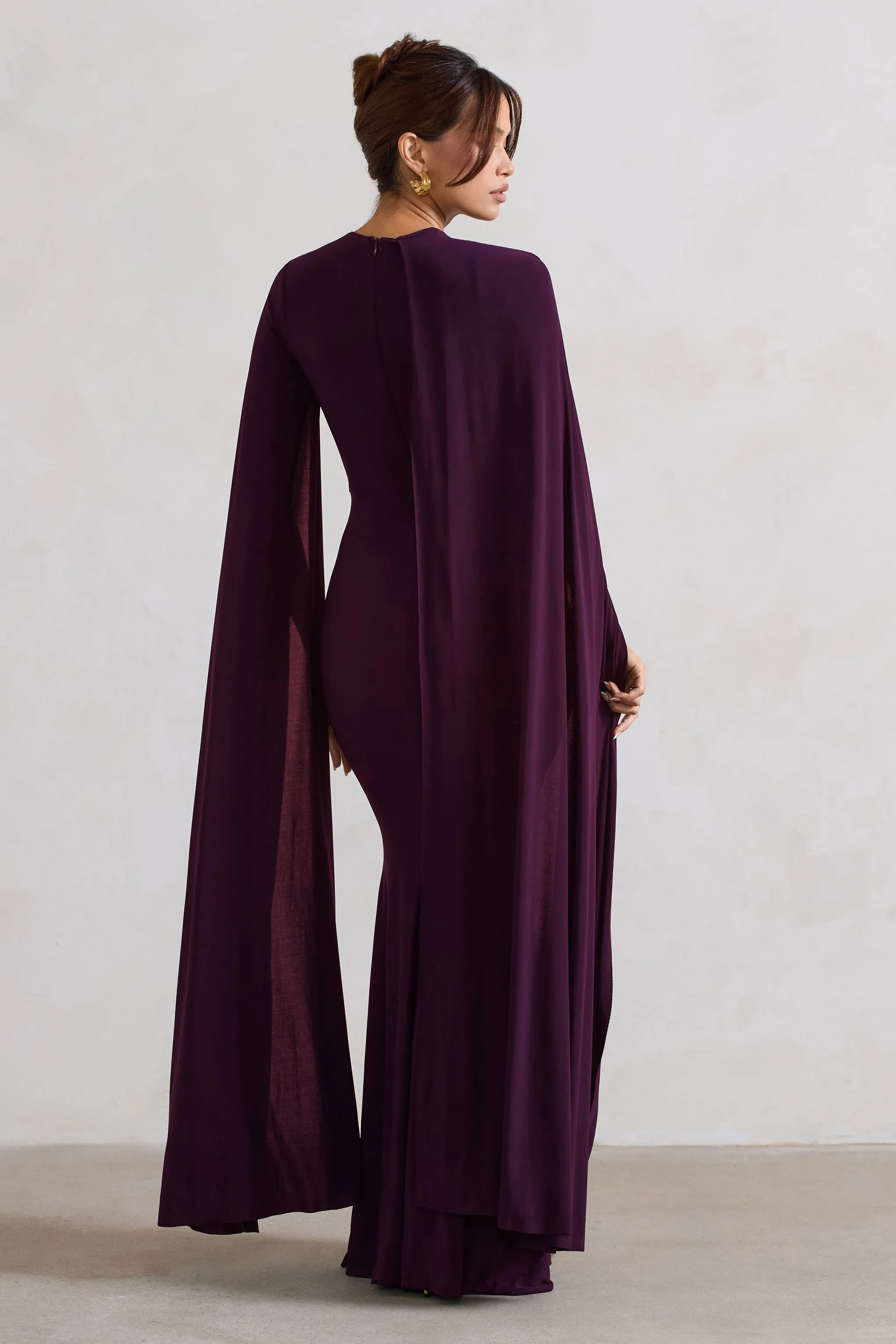 Magdelena | Plum Asymmetric Cape Maxi Dress