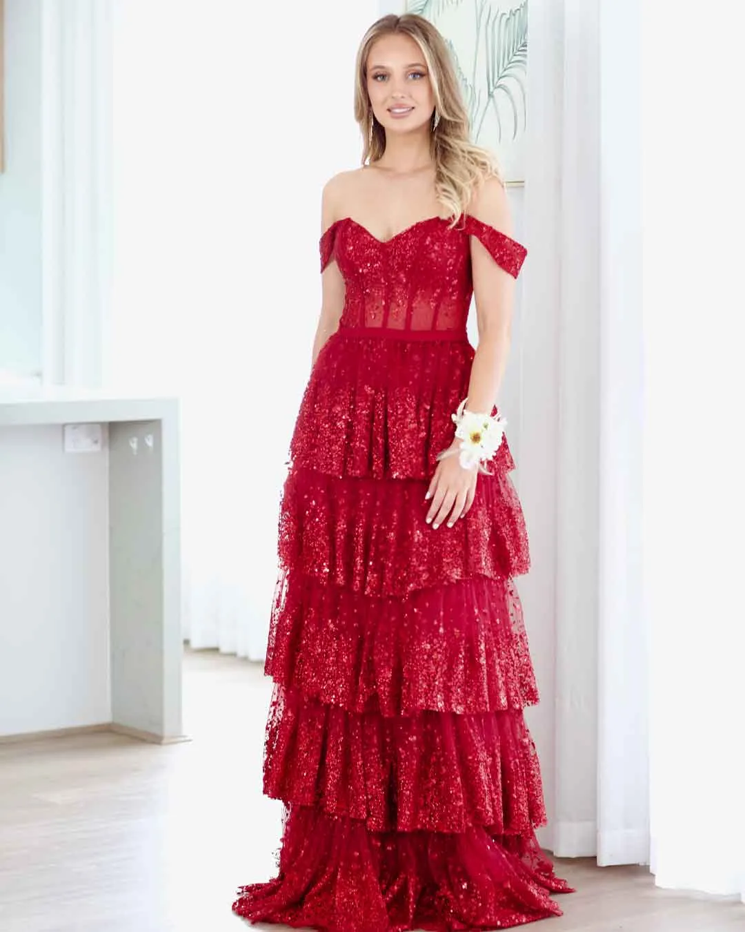 Maxine Layered Glitter Gown - Burgundy