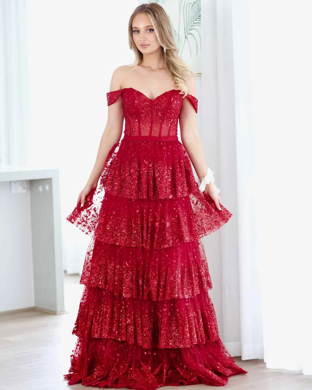 Maxine Layered Glitter Gown - Burgundy