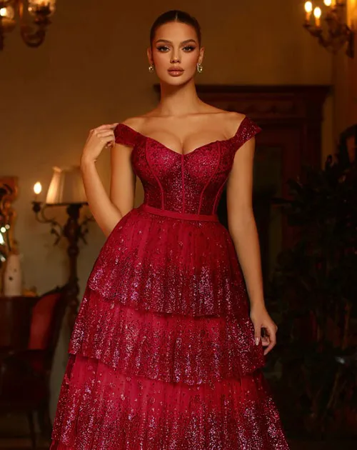 Maxine Layered Glitter Gown - Burgundy