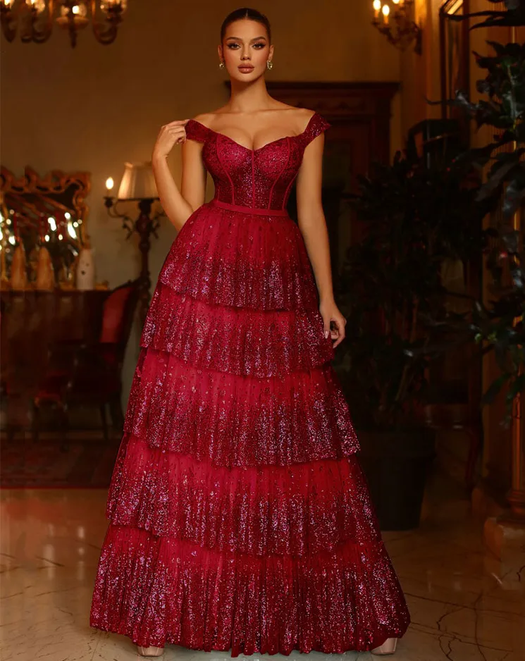 Maxine Layered Glitter Gown - Burgundy