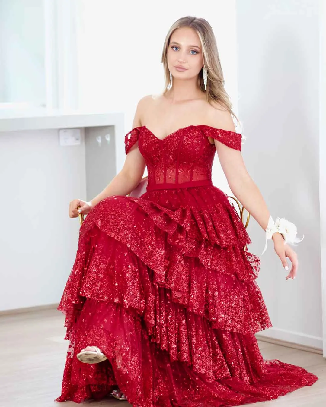 Maxine Layered Glitter Gown - Burgundy