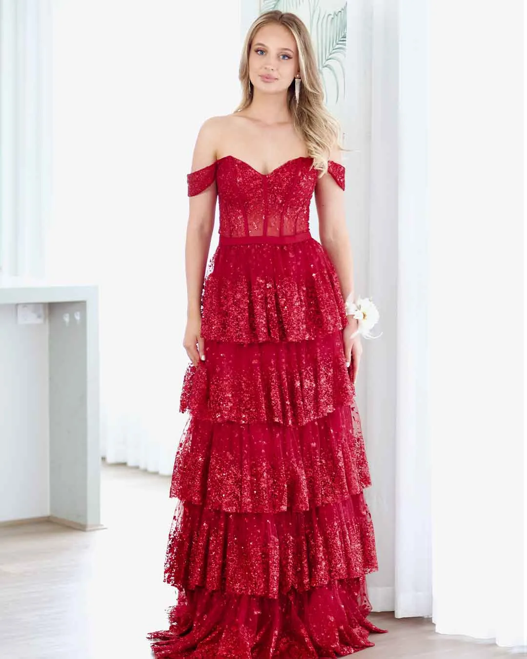 Maxine Layered Glitter Gown - Burgundy