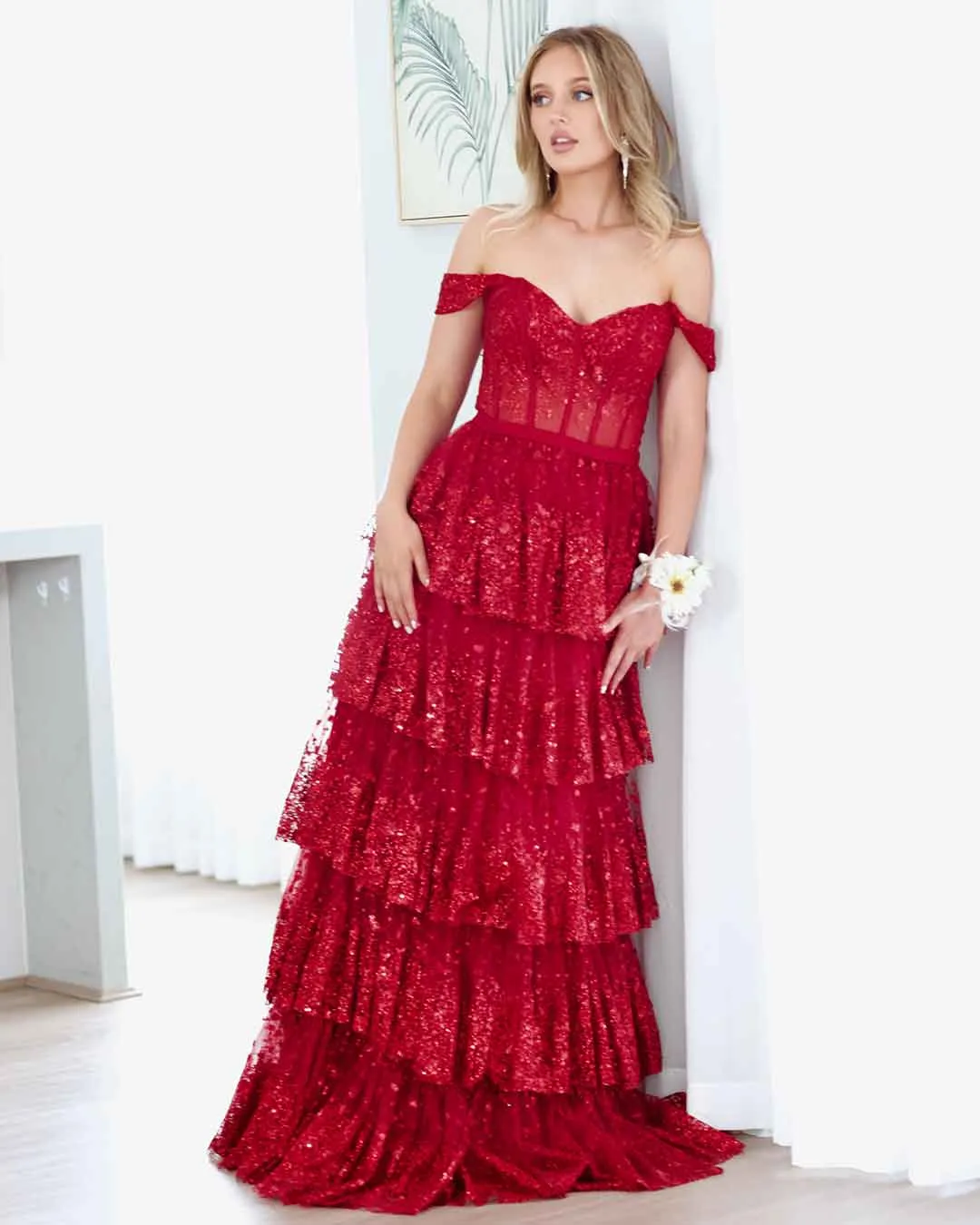 Maxine Layered Glitter Gown - Burgundy