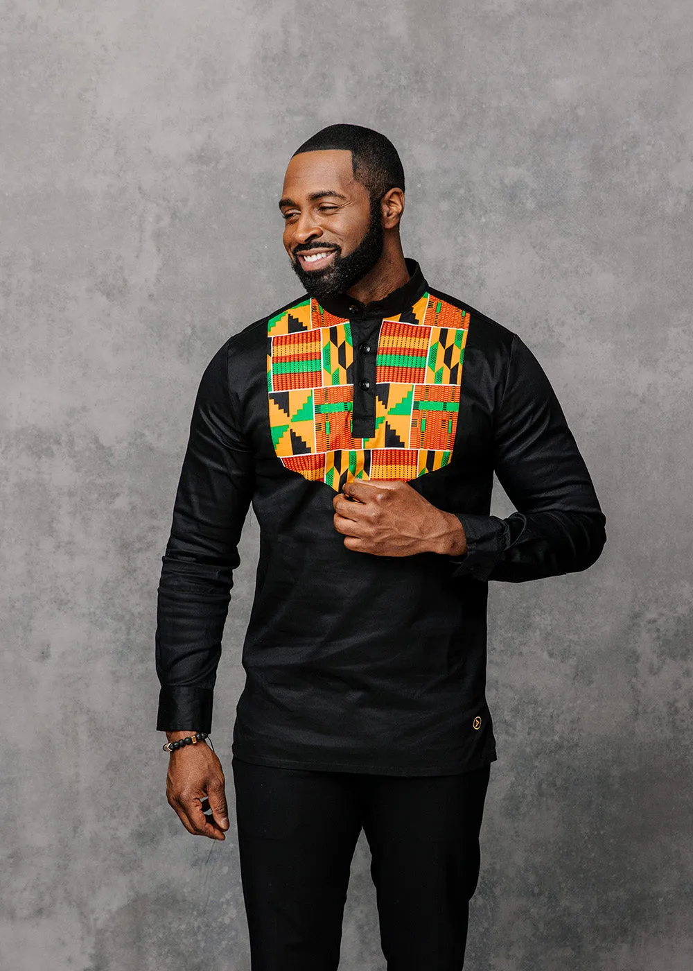 Meka Men's African Print Collared Henley Shirt (Yellow/Green Kente)