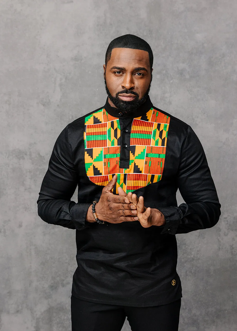 Meka Men's African Print Collared Henley Shirt (Yellow/Green Kente)