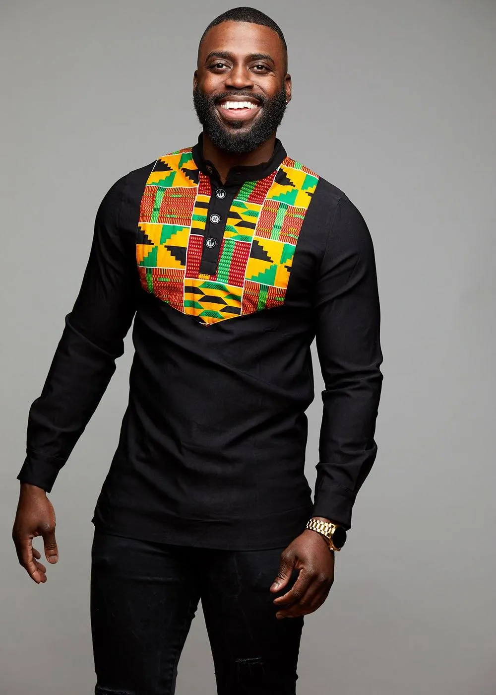 Meka Men's African Print Collared Henley Shirt (Yellow/Green Kente)