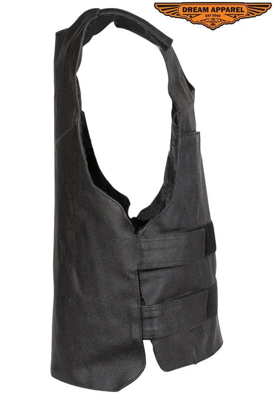 Men's Black Bullet Proof Style Leather Vest with Straps