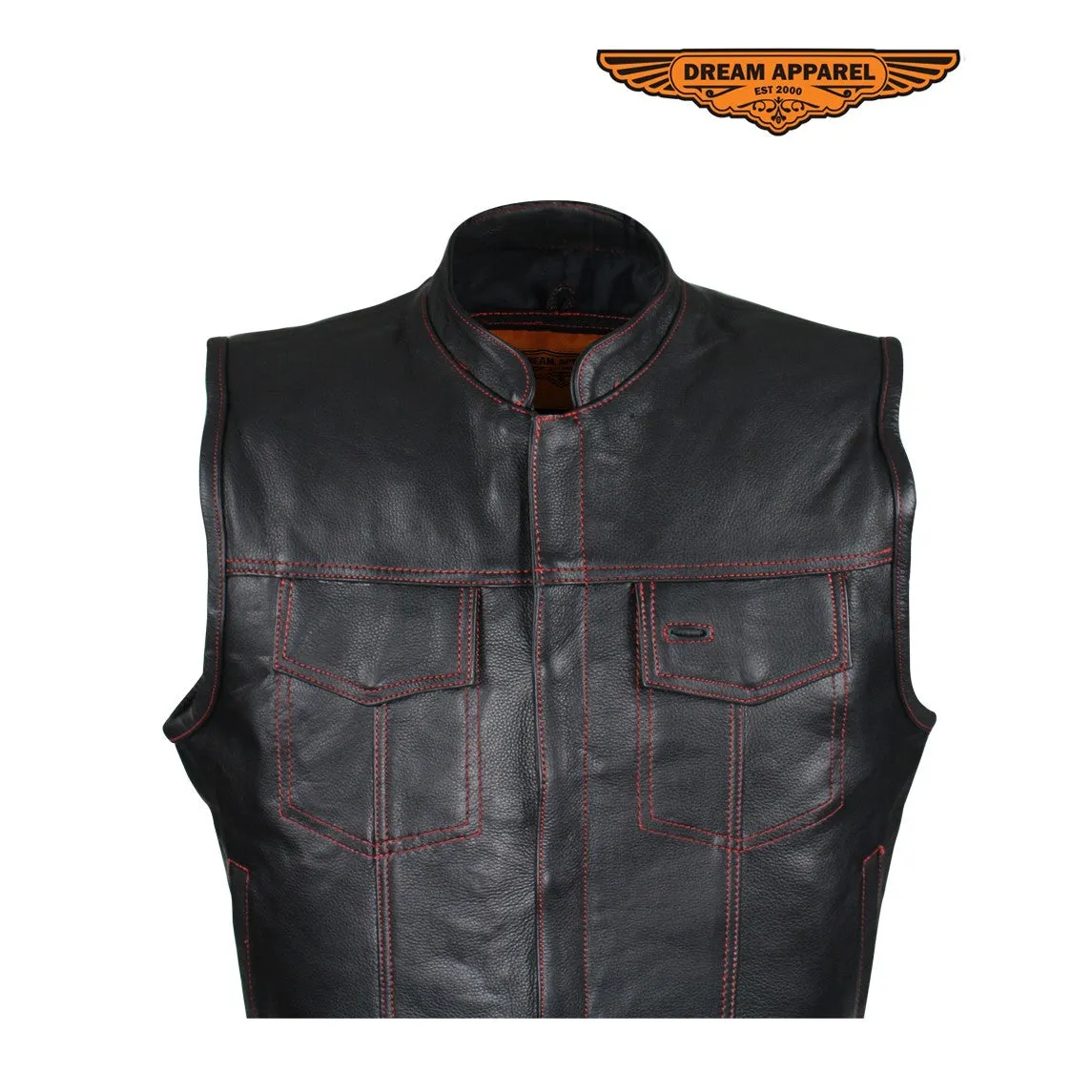 Men's Black Naked Cowhide Leather Motorcycle Vest W/ Red Stitching