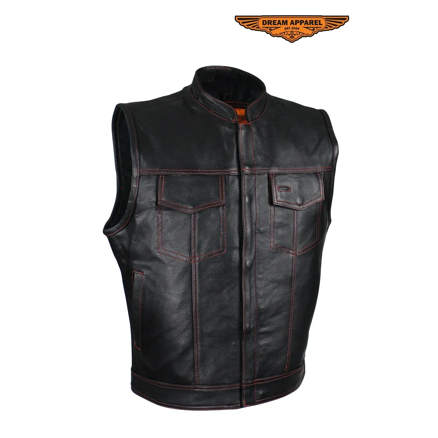 Men's Black Naked Cowhide Leather Motorcycle Vest W/ Red Stitching