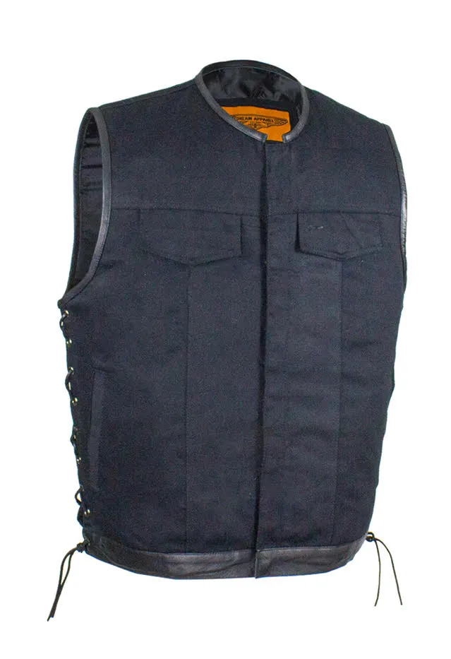 Men's Denim Gun Pocket Club Vest with Side Laces Leather Trim on Neck, Sleeves & bottom