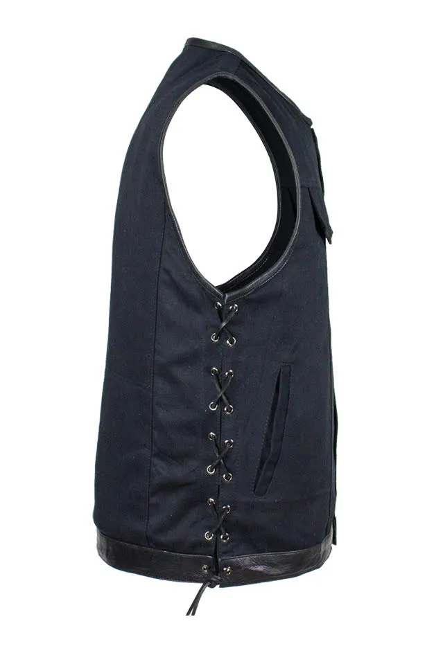 Men's Denim Gun Pocket Club Vest with Side Laces Leather Trim on Neck, Sleeves & bottom