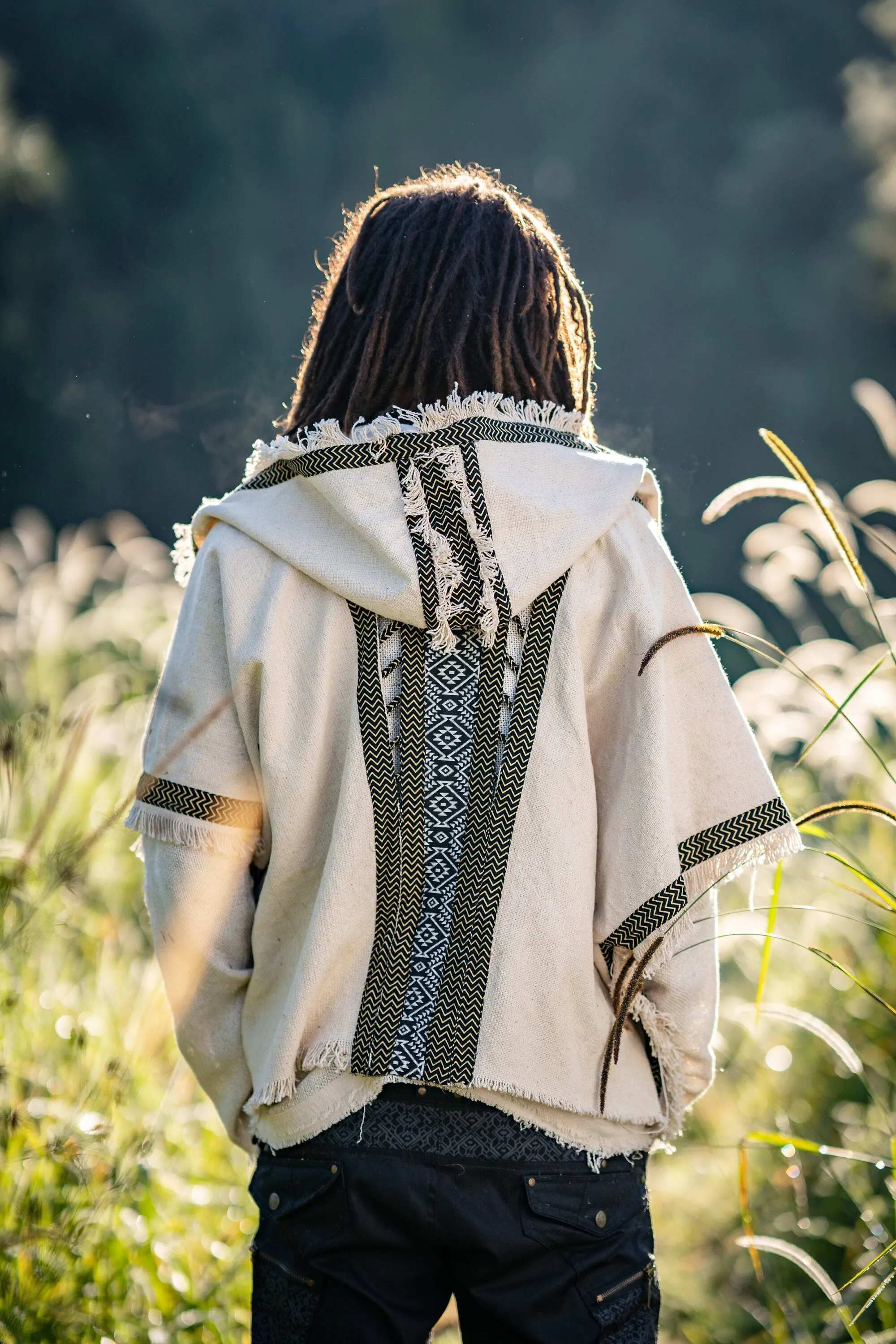 Mens Hooded Kimono Vest Beige Alchemist Wizard Sorcerer Tribal Ritual Ceremony Gypsy Festival Magic Magia Alchemy Primitive Rave Boho AJJAYA