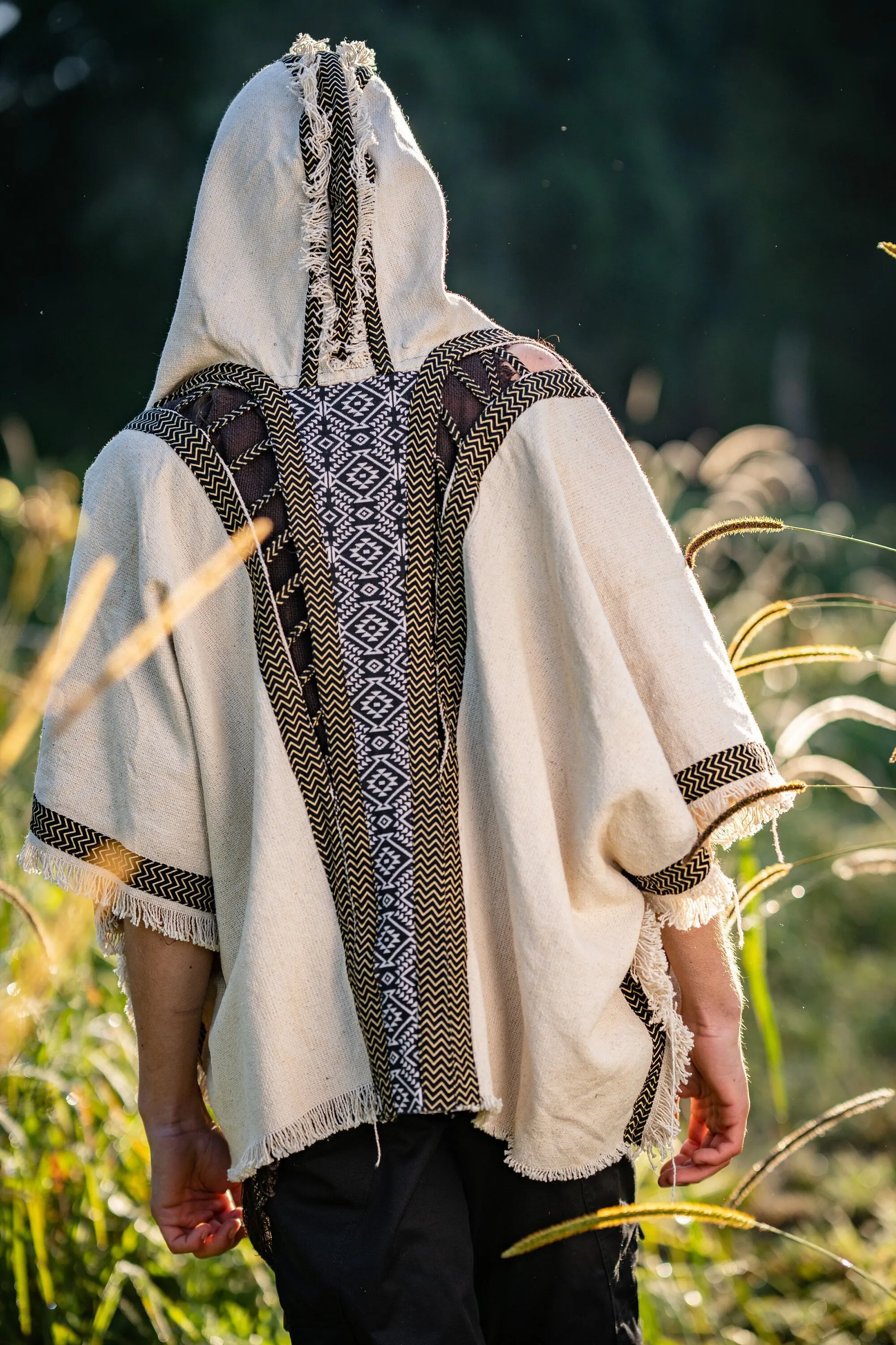 Mens Hooded Kimono Vest Beige Alchemist Wizard Sorcerer Tribal Ritual Ceremony Gypsy Festival Magic Magia Alchemy Primitive Rave Boho AJJAYA