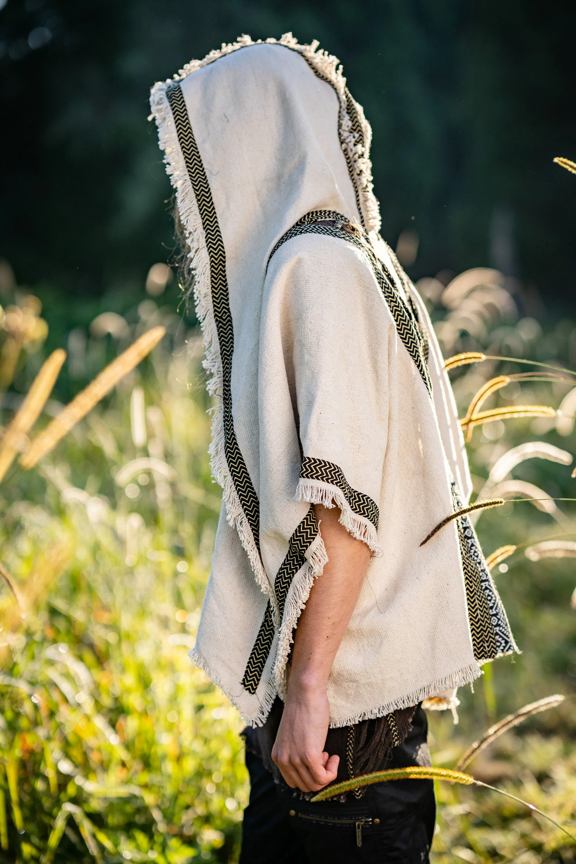 Mens Hooded Kimono Vest Beige Alchemist Wizard Sorcerer Tribal Ritual Ceremony Gypsy Festival Magic Magia Alchemy Primitive Rave Boho AJJAYA