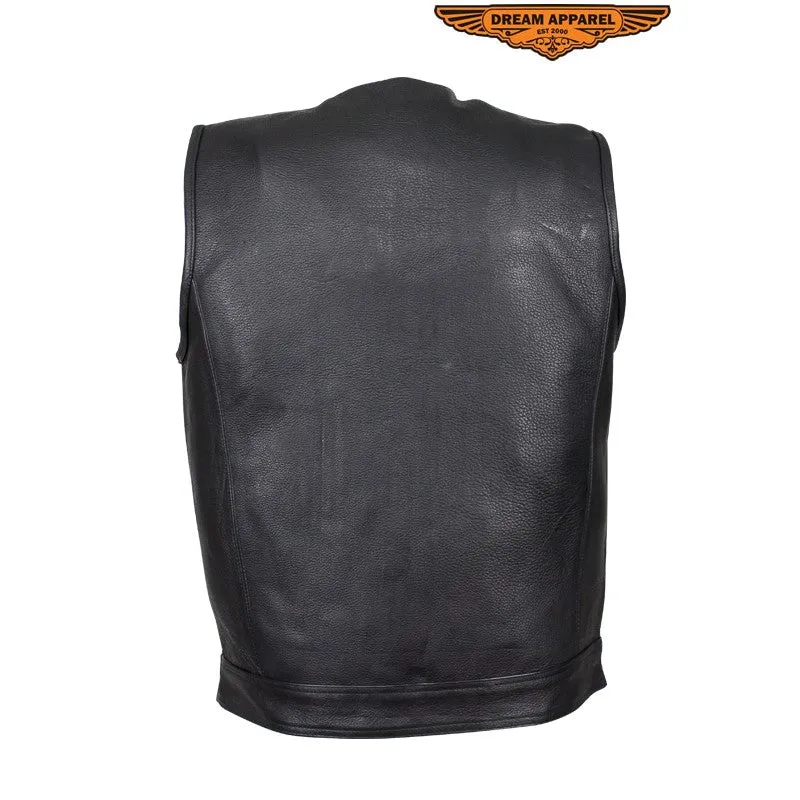 Men's Leather Motorcycle Vest Without Collar