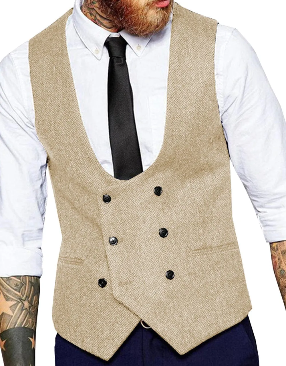 Men's Tweed Herringbone Double Breasted U Neck Waistcoat