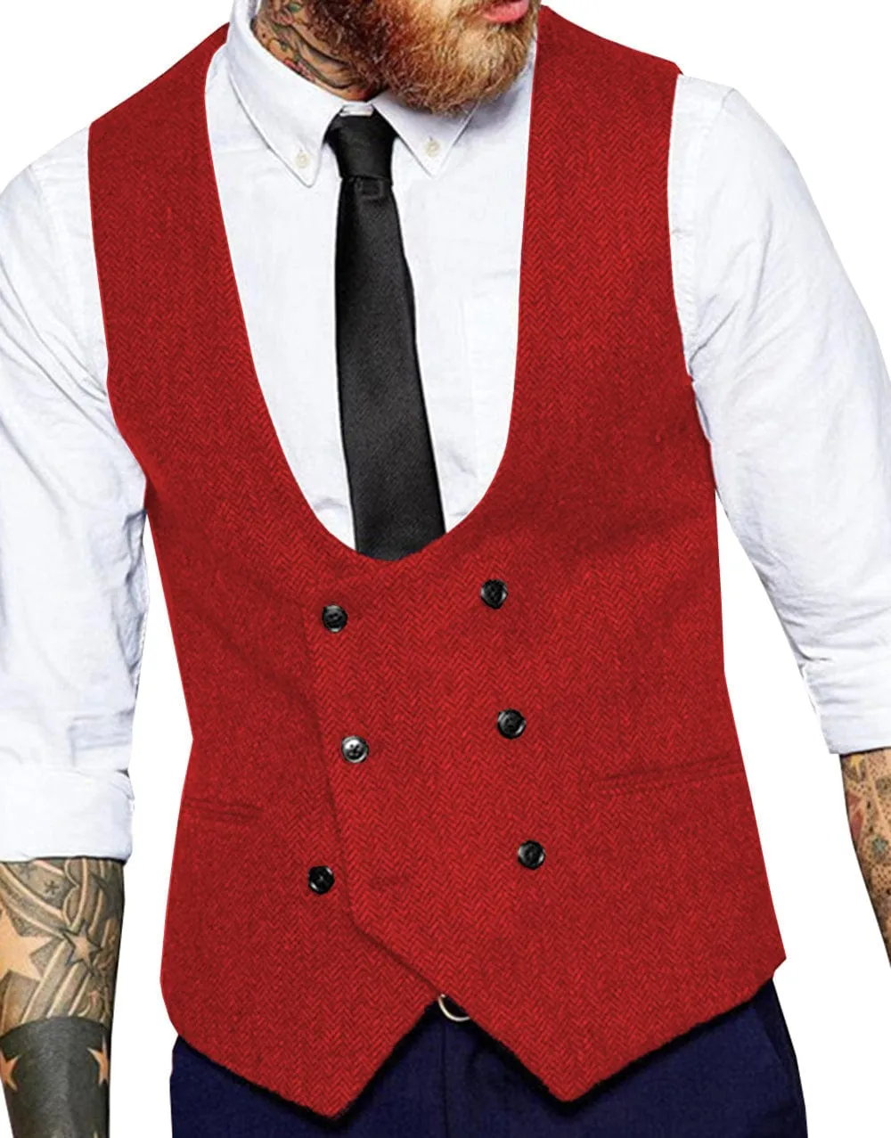 Men's Tweed Herringbone Double Breasted U Neck Waistcoat