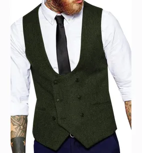 Men's Tweed Herringbone Double Breasted U Neck Waistcoat