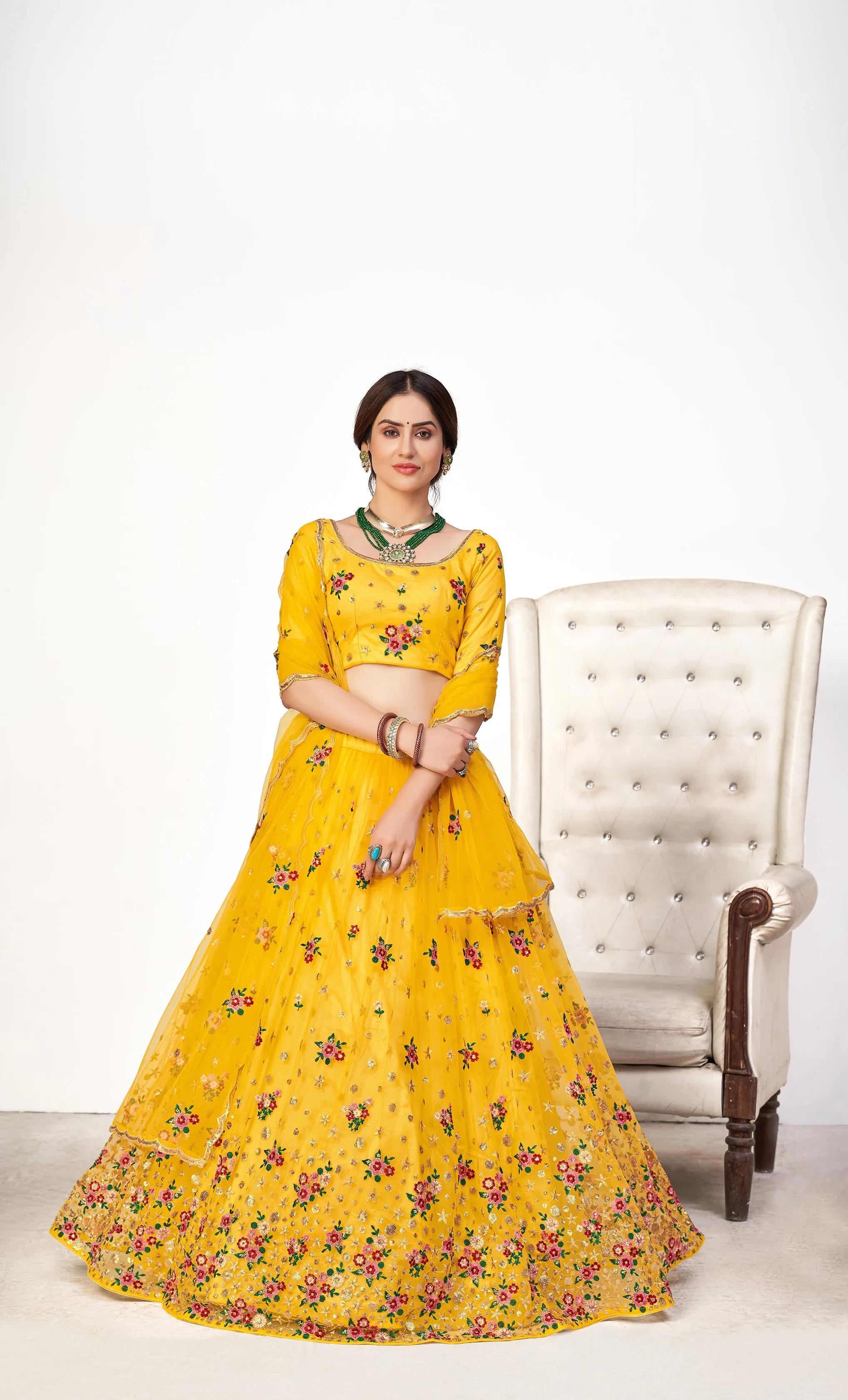 Mesmerizing Yellow Net Embroidered Choli Blouse With Lehenga Ghagra With Dupatta