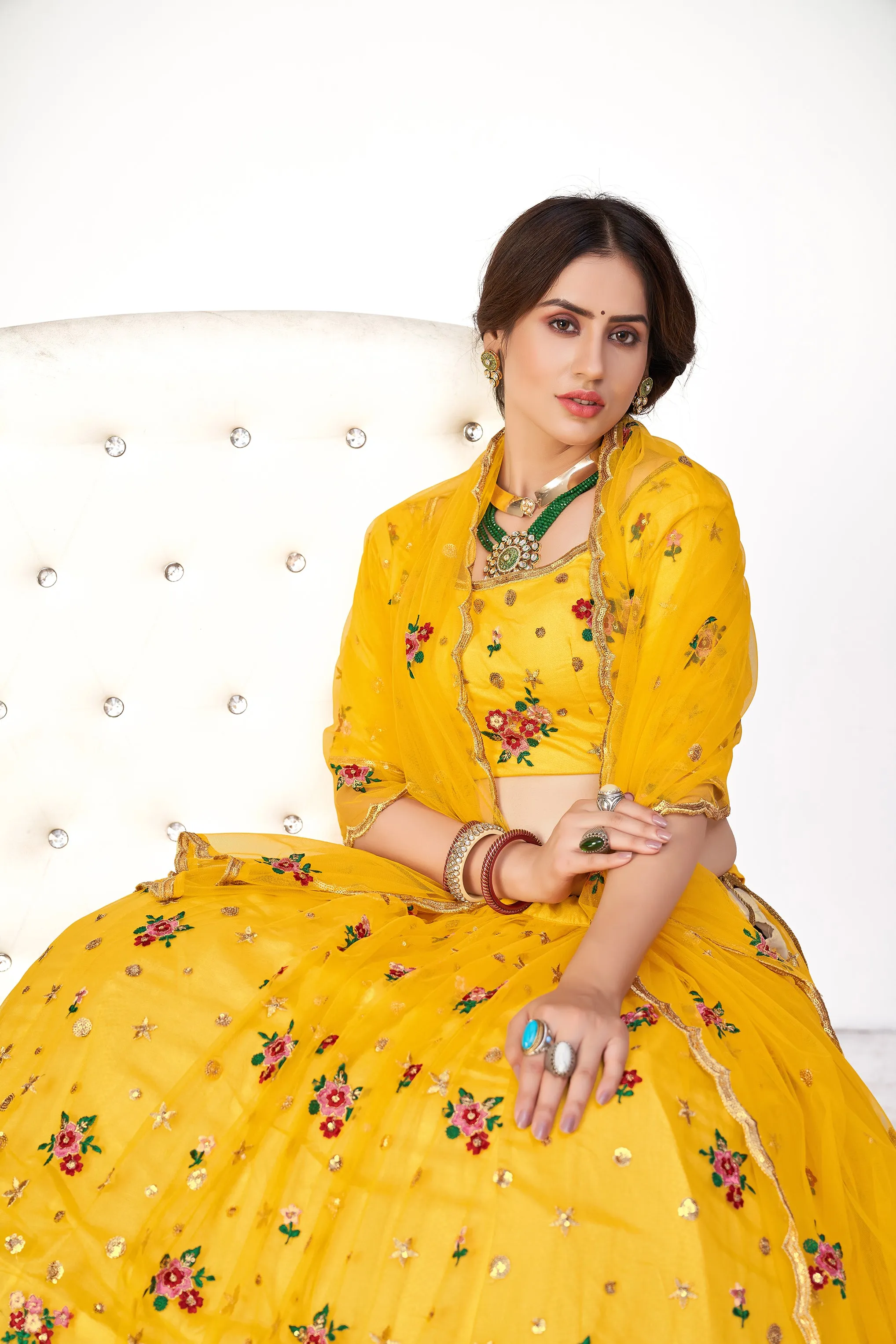 Mesmerizing Yellow Net Embroidered Choli Blouse With Lehenga Ghagra With Dupatta