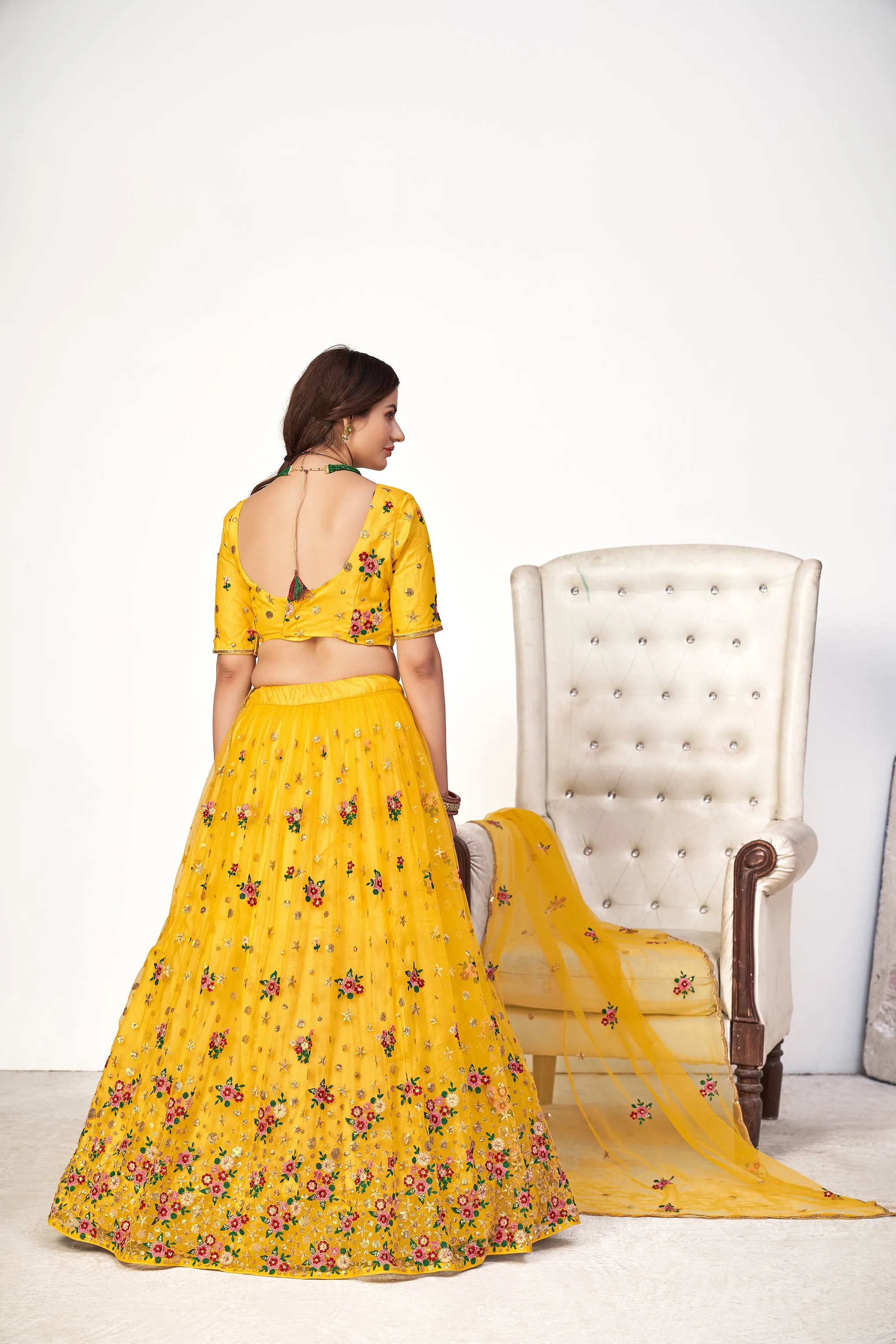 Mesmerizing Yellow Net Embroidered Choli Blouse With Lehenga Ghagra With Dupatta