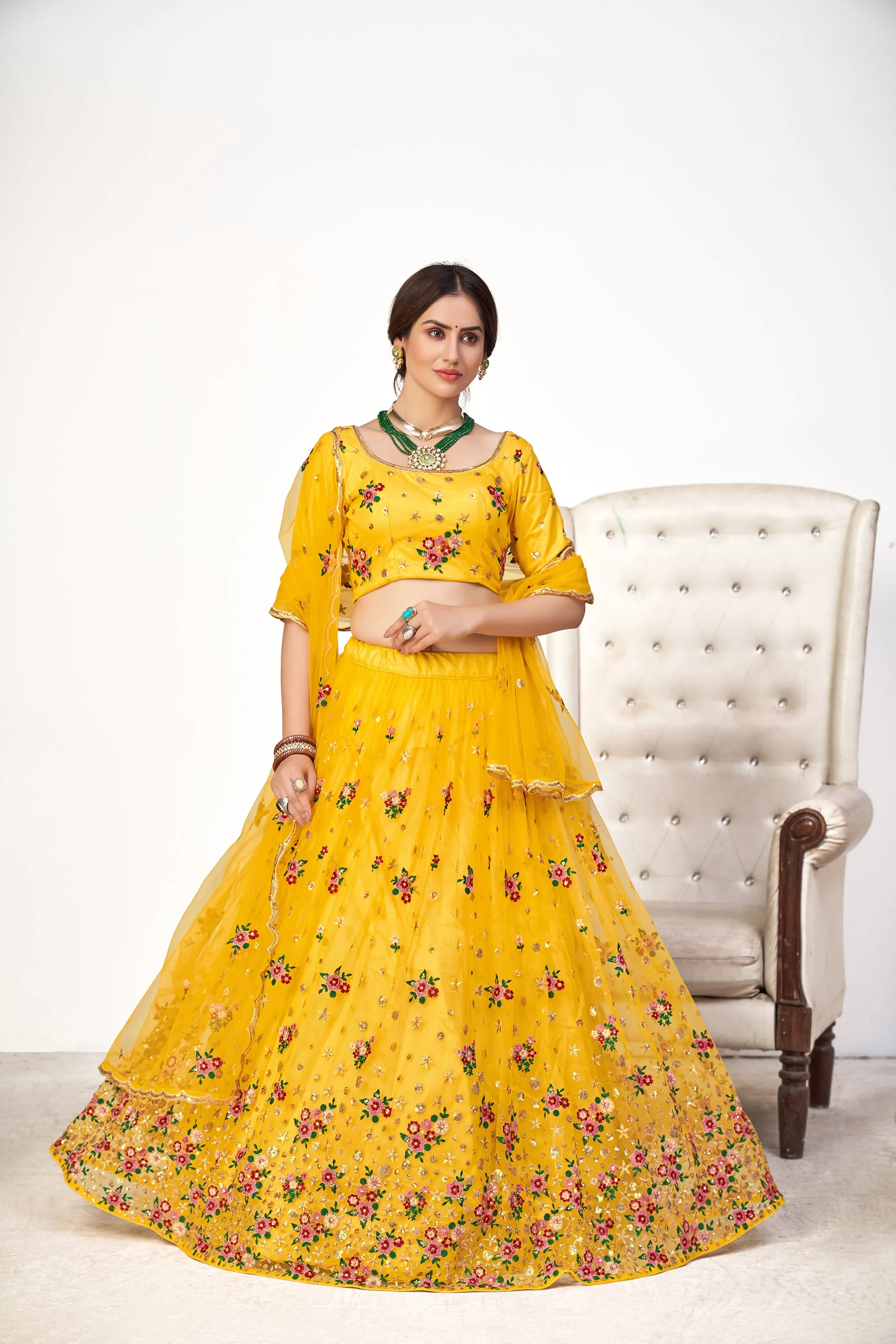 Mesmerizing Yellow Net Embroidered Choli Blouse With Lehenga Ghagra With Dupatta