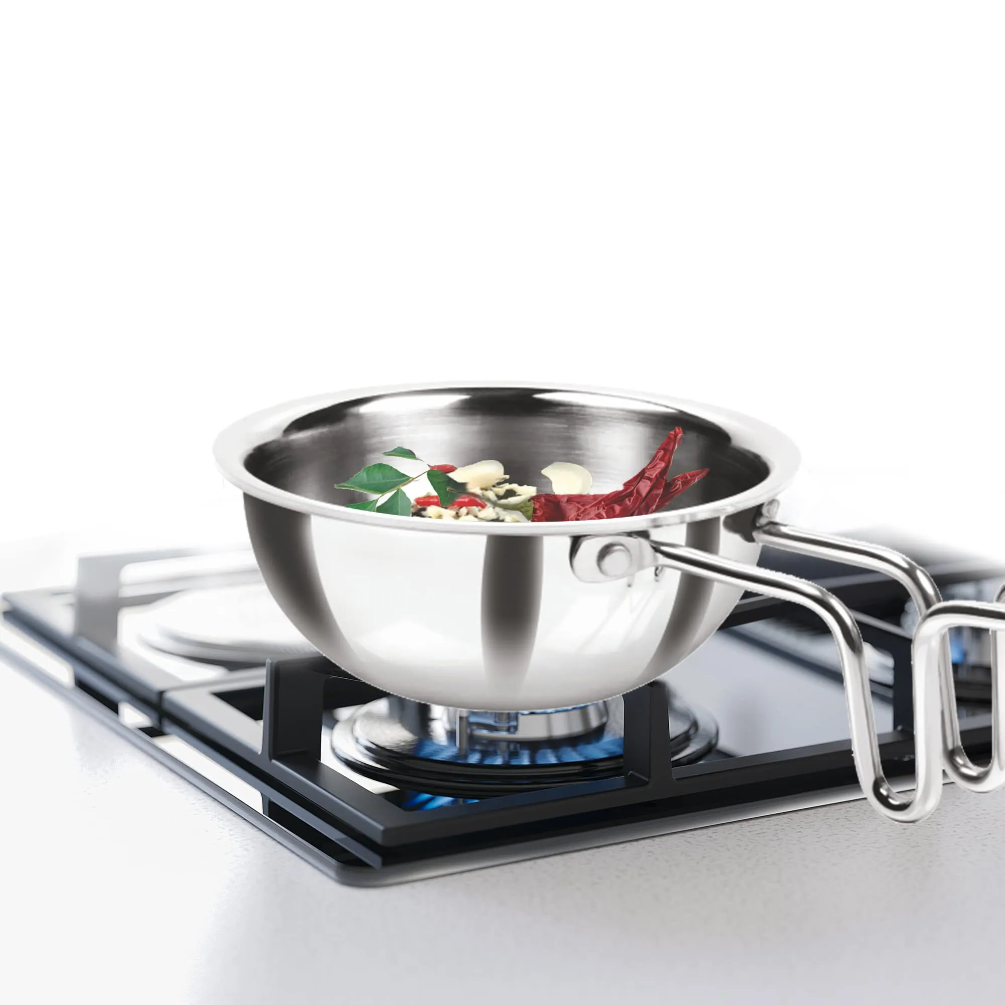 MILTON Pro cook Triply Stainless Steel Tadka Pan, 12 cm, Silver | Vagar Pan | Baghar Pan| Chounk Pan | Flame Safe | Induction Safe | Dishwasher Safe | Stainless Steel Wired Handle