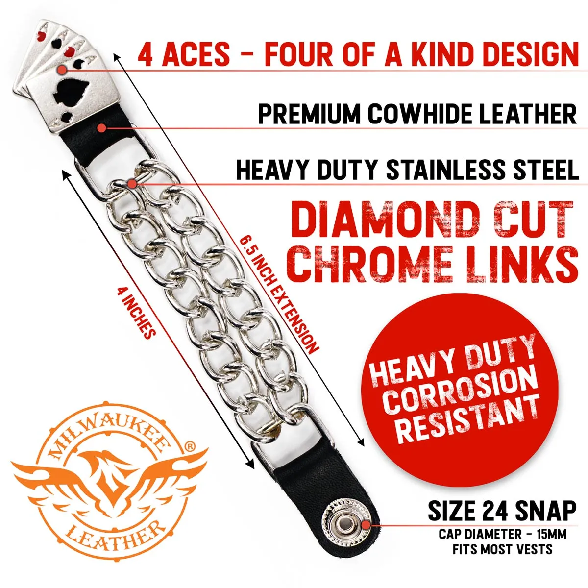 Milwaukee Leather 4 Aces Medallion Vest Extender - Double Chrome Chains Genuine Leather 6.5" Extension 4-PCS MLA6007SET