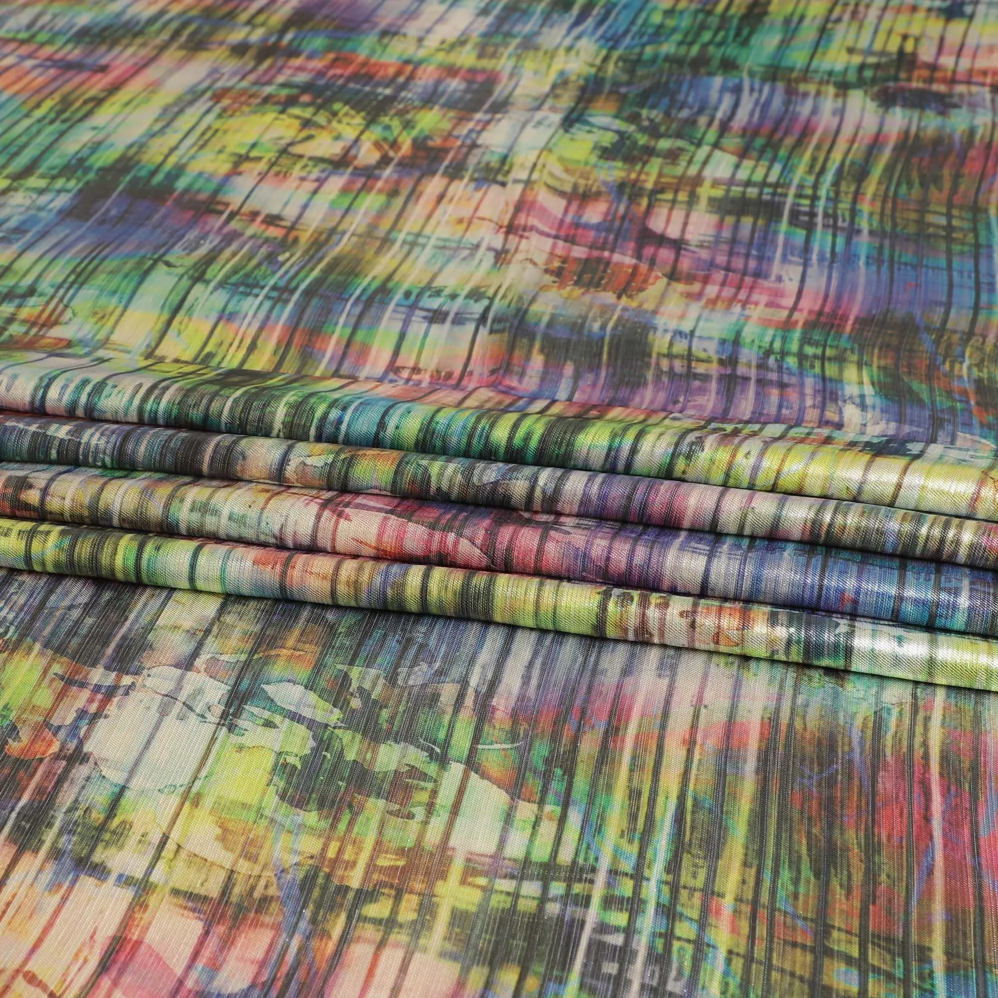 Multicolor synthetic chiffon fabric with multcolor print and metallic lurex in abstract design-D8514