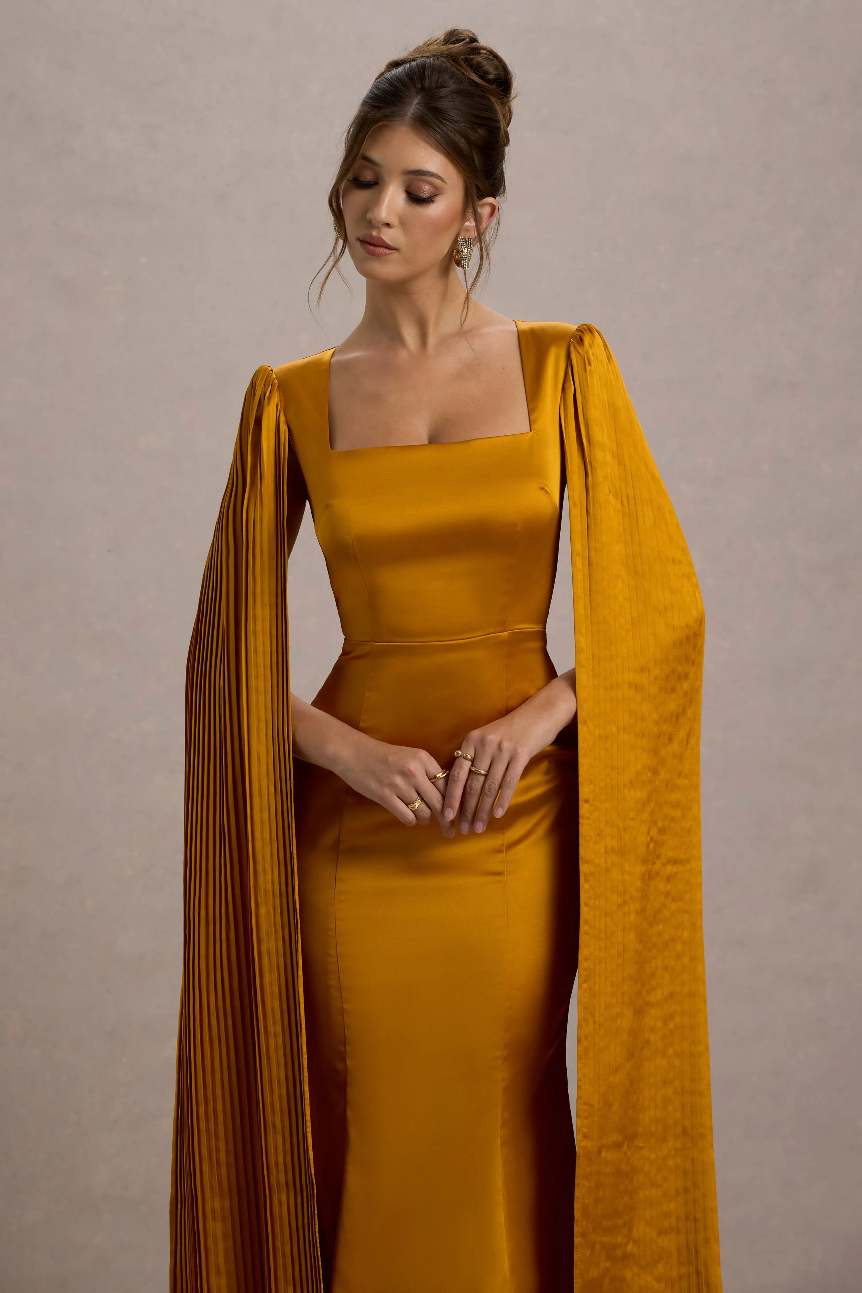 Nalda | Mustard Square-Neck Midi Dress With Cape Sleeves