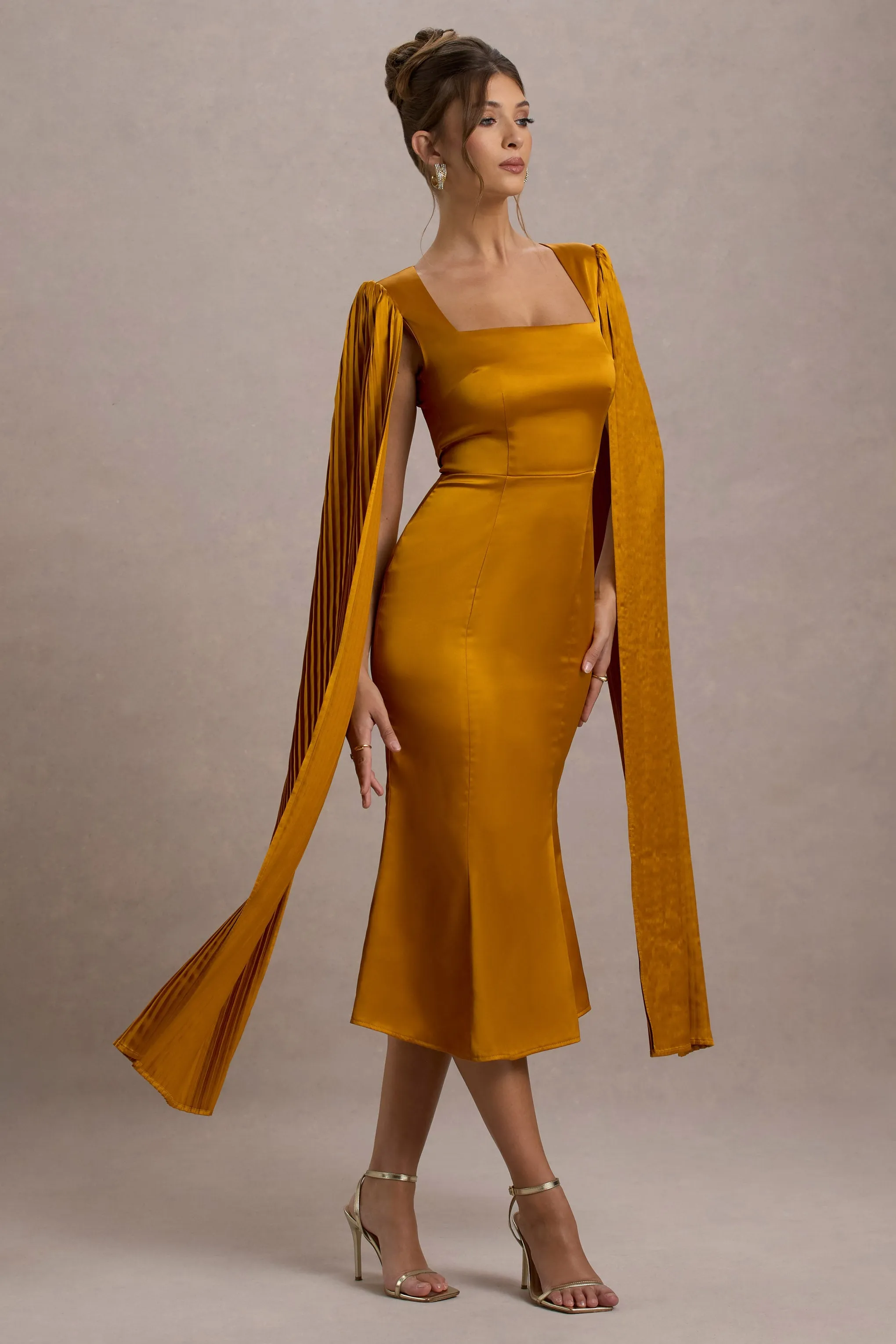 Nalda | Mustard Square-Neck Midi Dress With Cape Sleeves