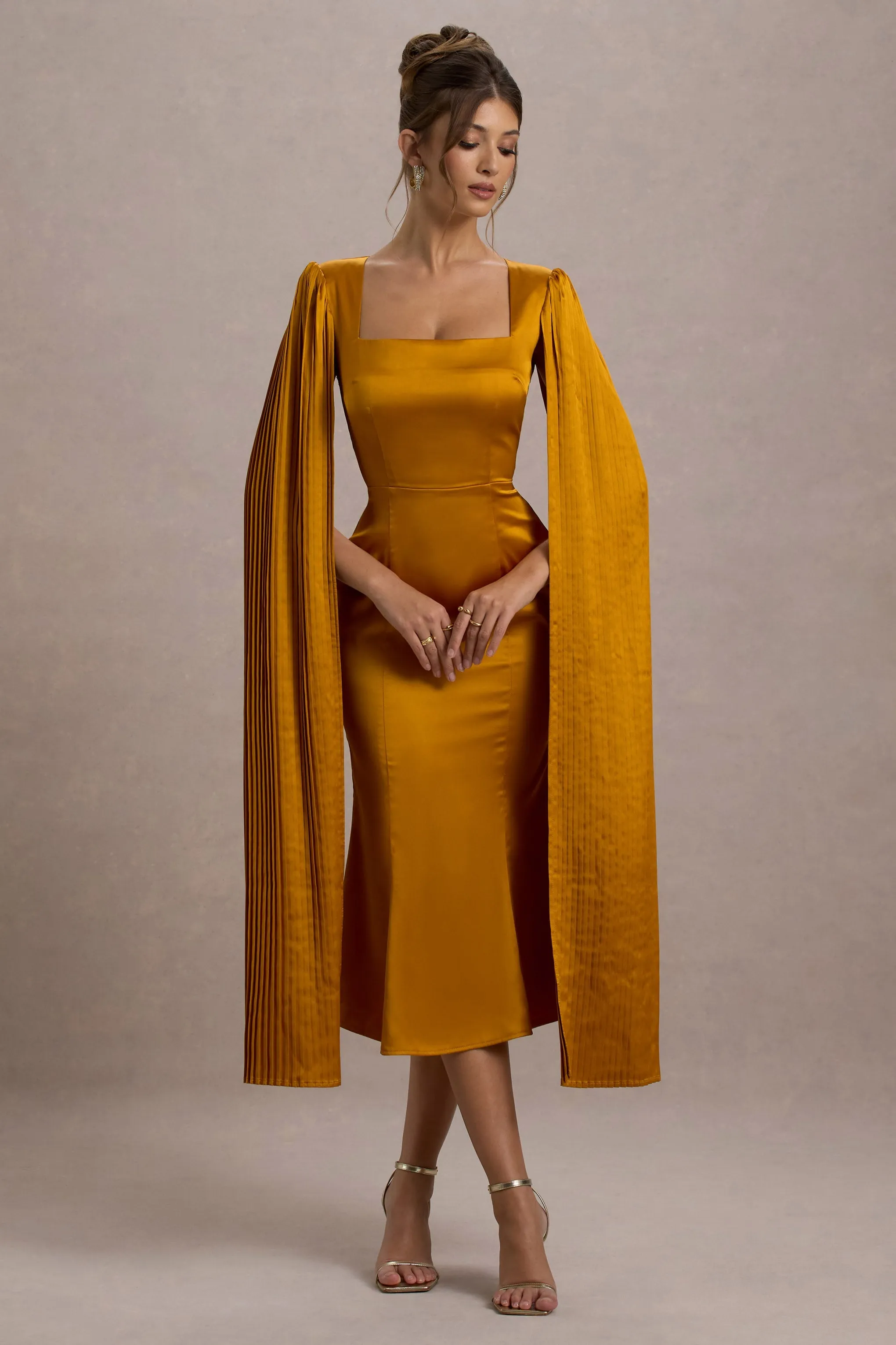 Nalda | Mustard Square-Neck Midi Dress With Cape Sleeves