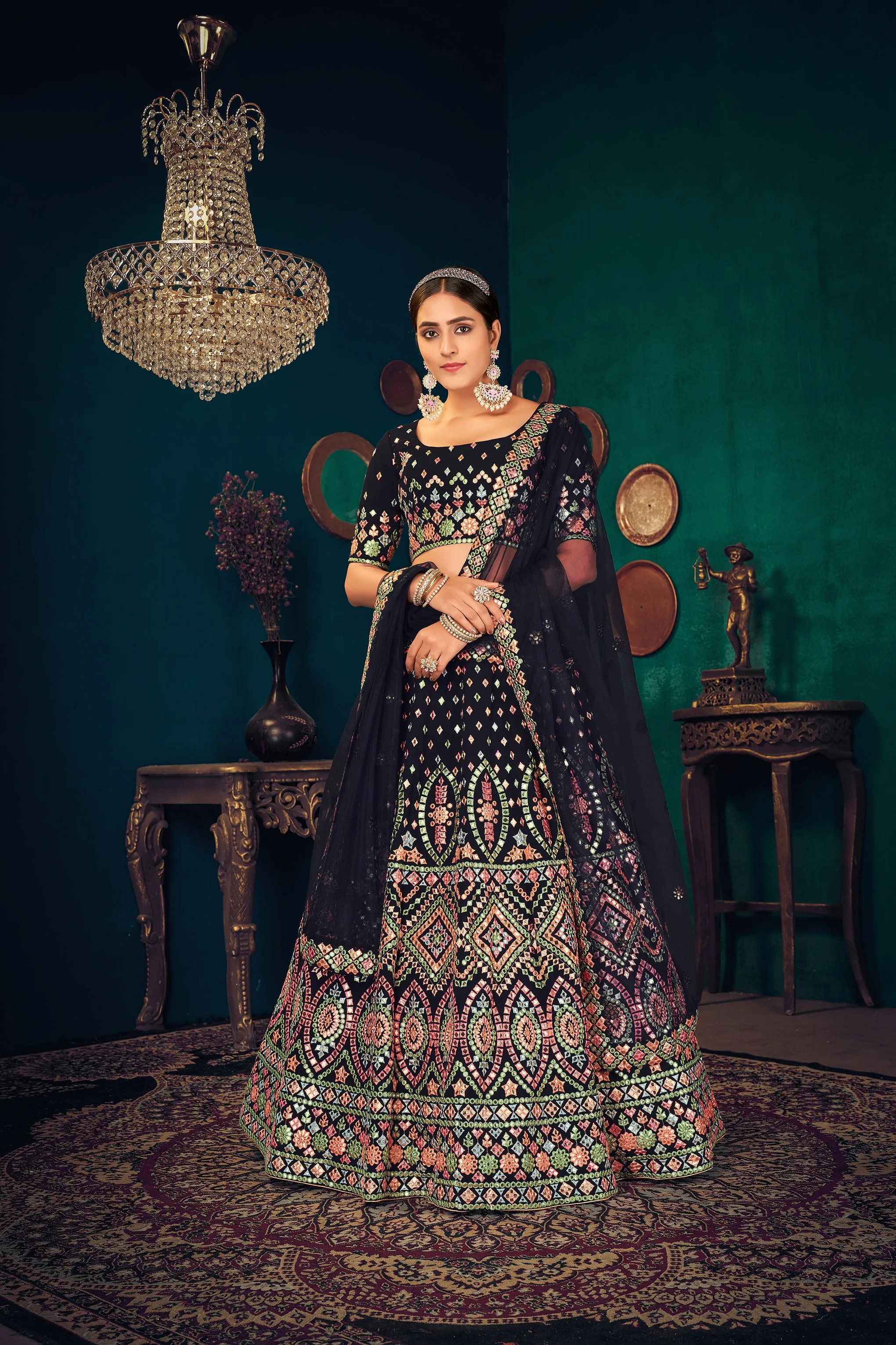 Navy Blue Multi Thread Embroidered Georgette Wedding Lehenga Choli