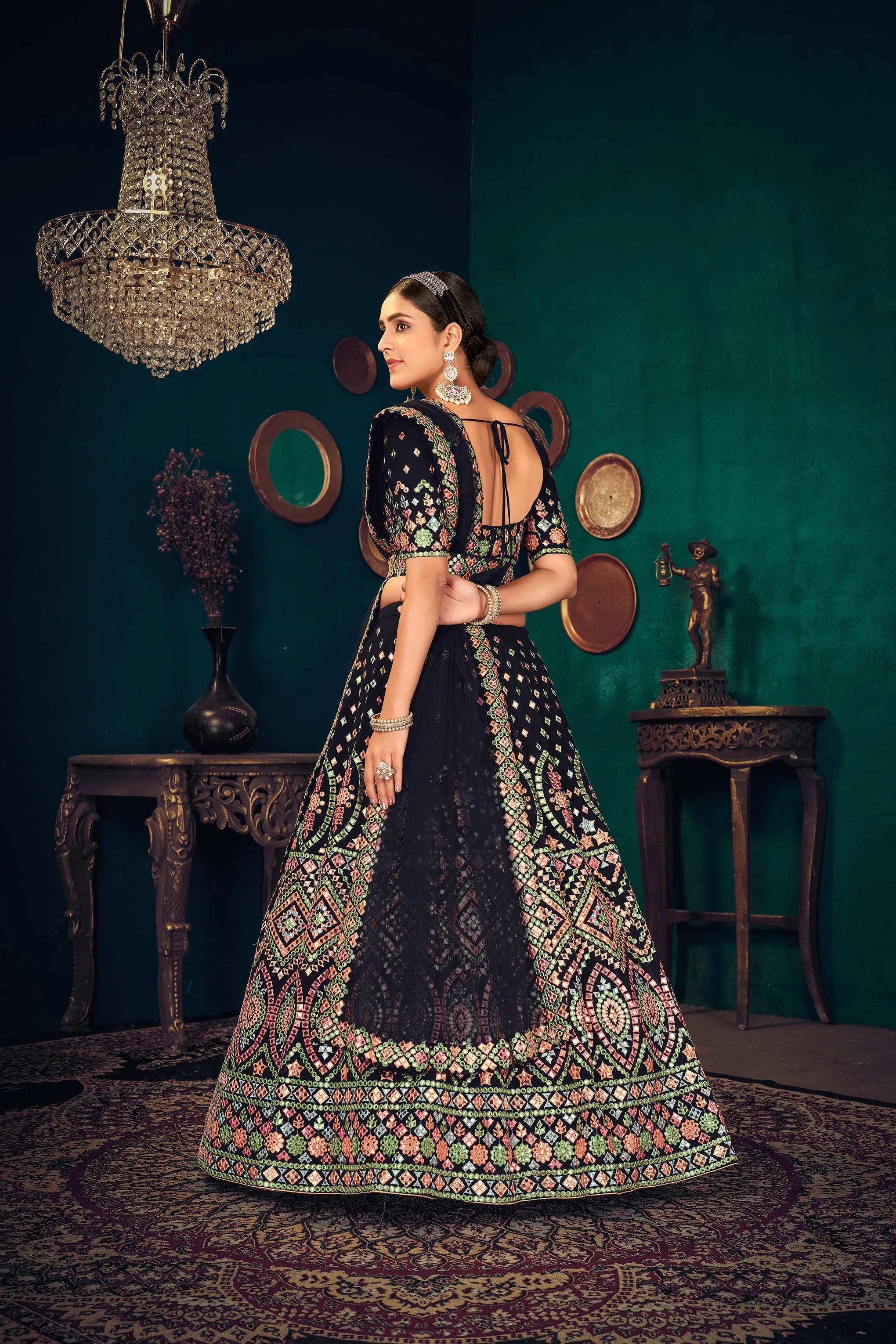 Navy Blue Multi Thread Embroidered Georgette Wedding Lehenga Choli